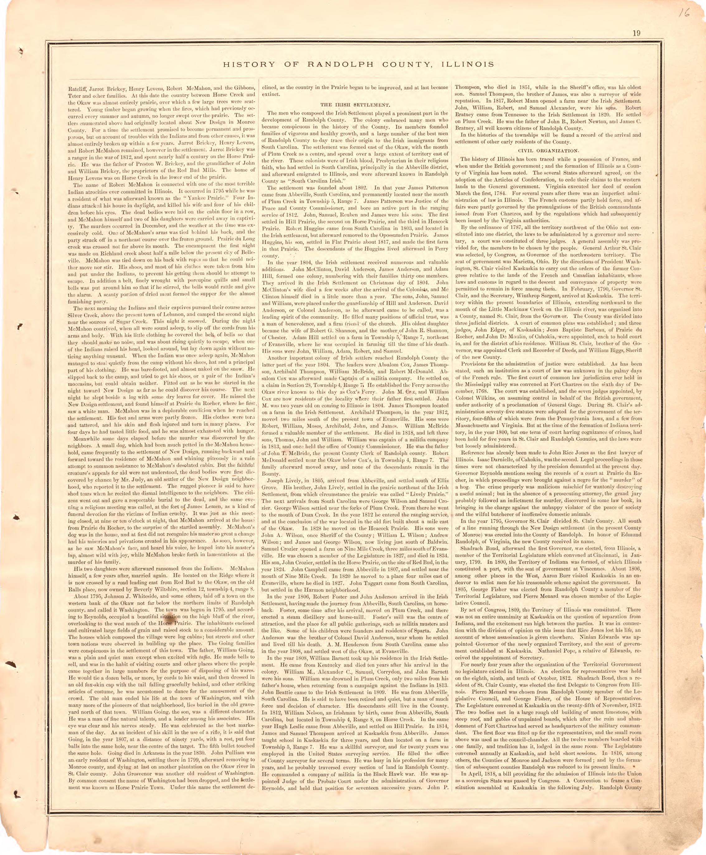 History of Randolph County, Illinois...continued from an Illustrated Historical Atlas Map of Randolph County, Ills. : Carefully Compiled from Personal Examinations and Surveys 1875 by Relic Map Company