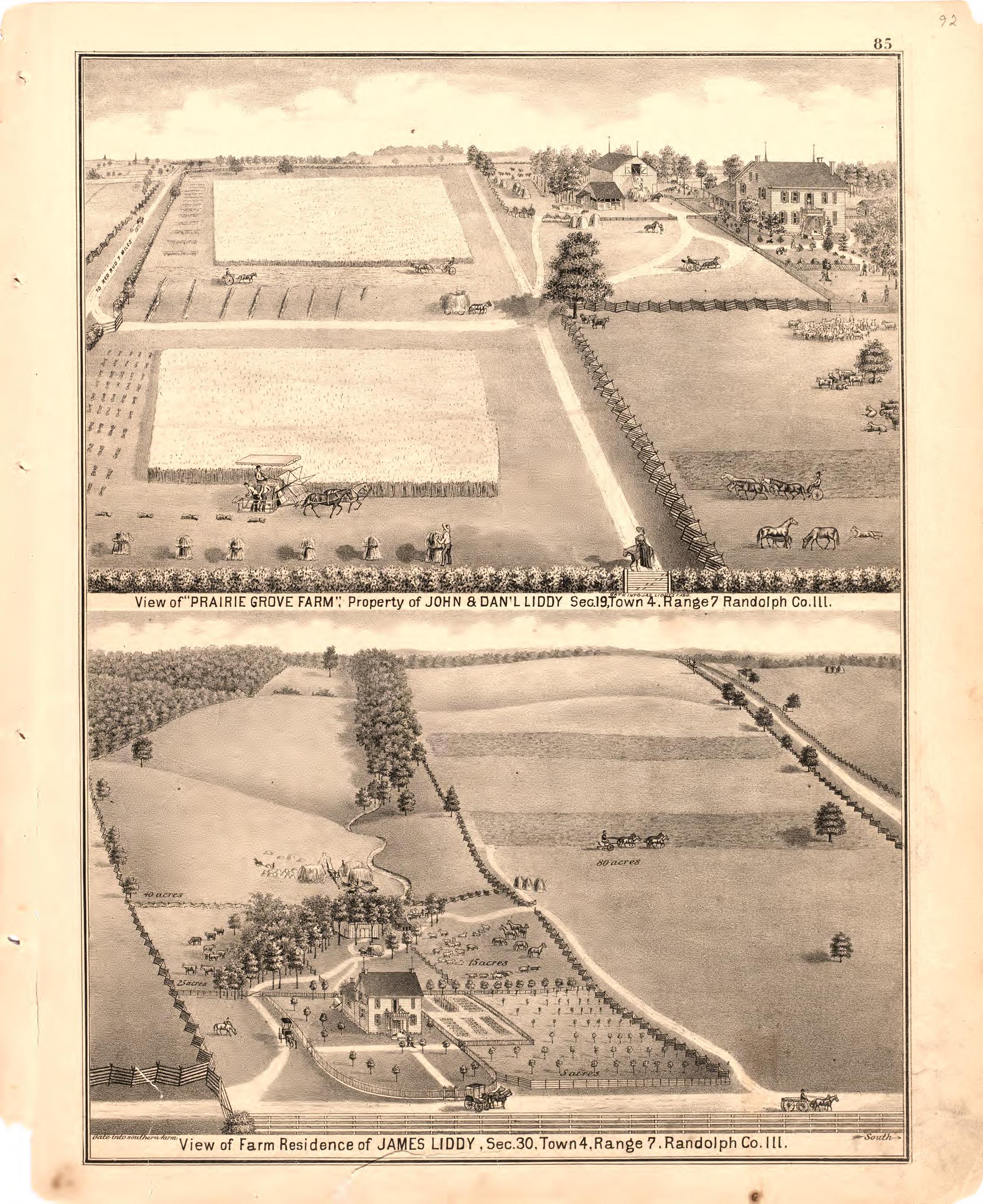 View of Prairie Grove Farm, ; View of Farm Residence of James Liddy from an Illustrated Historical Atlas Map of Randolph County, Ills. : Carefully Compiled from Personal Examinations and Surveys 1875 by Relic Map Company