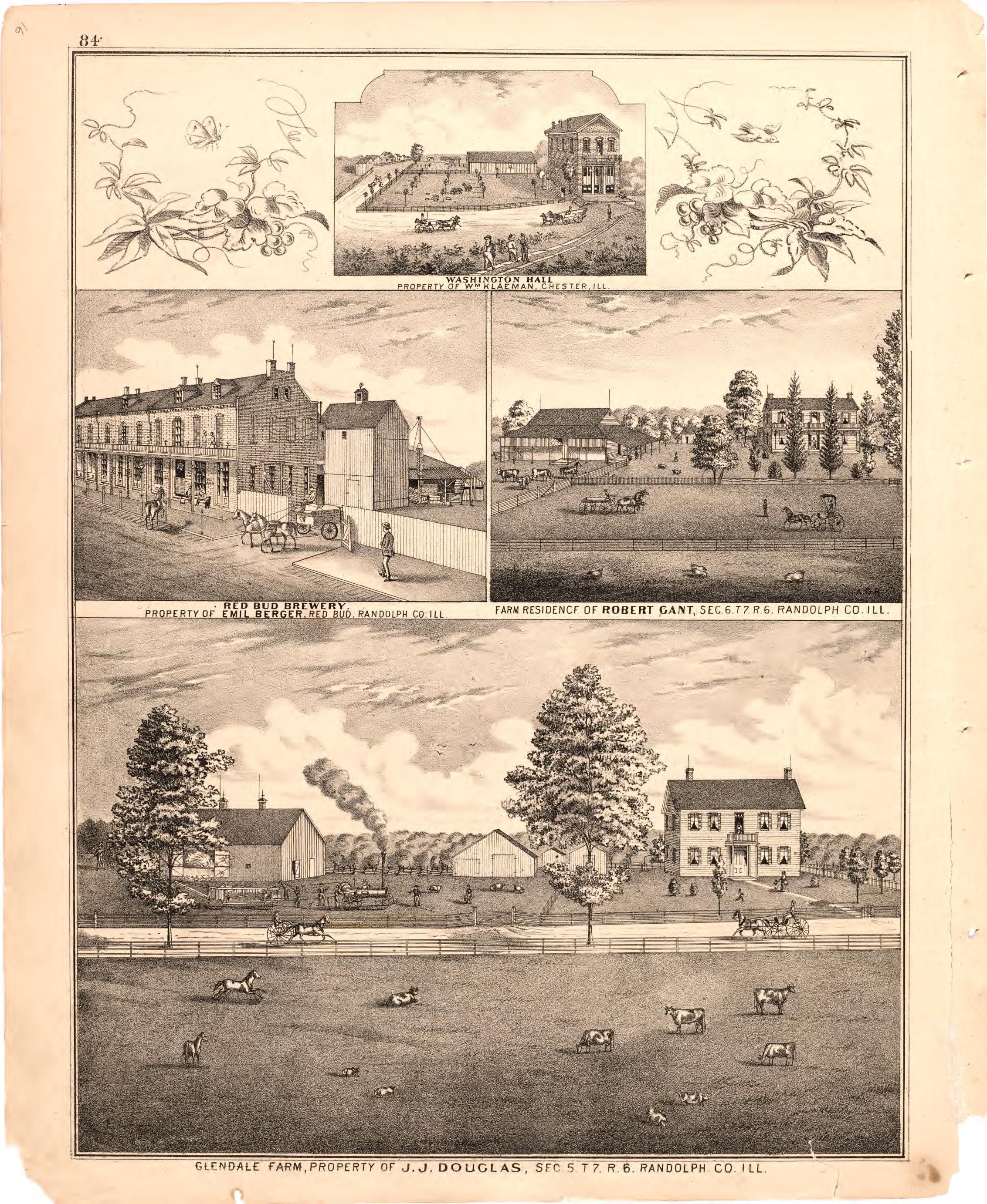 Washington Hall; Red Bud Brewery; Farm Residence of Robert Gant; Glendale Farm from an Illustrated Historical Atlas Map of Randolph County, Ills. : Carefully Compiled from Personal Examinations and Surveys 1875 by Relic Map Company