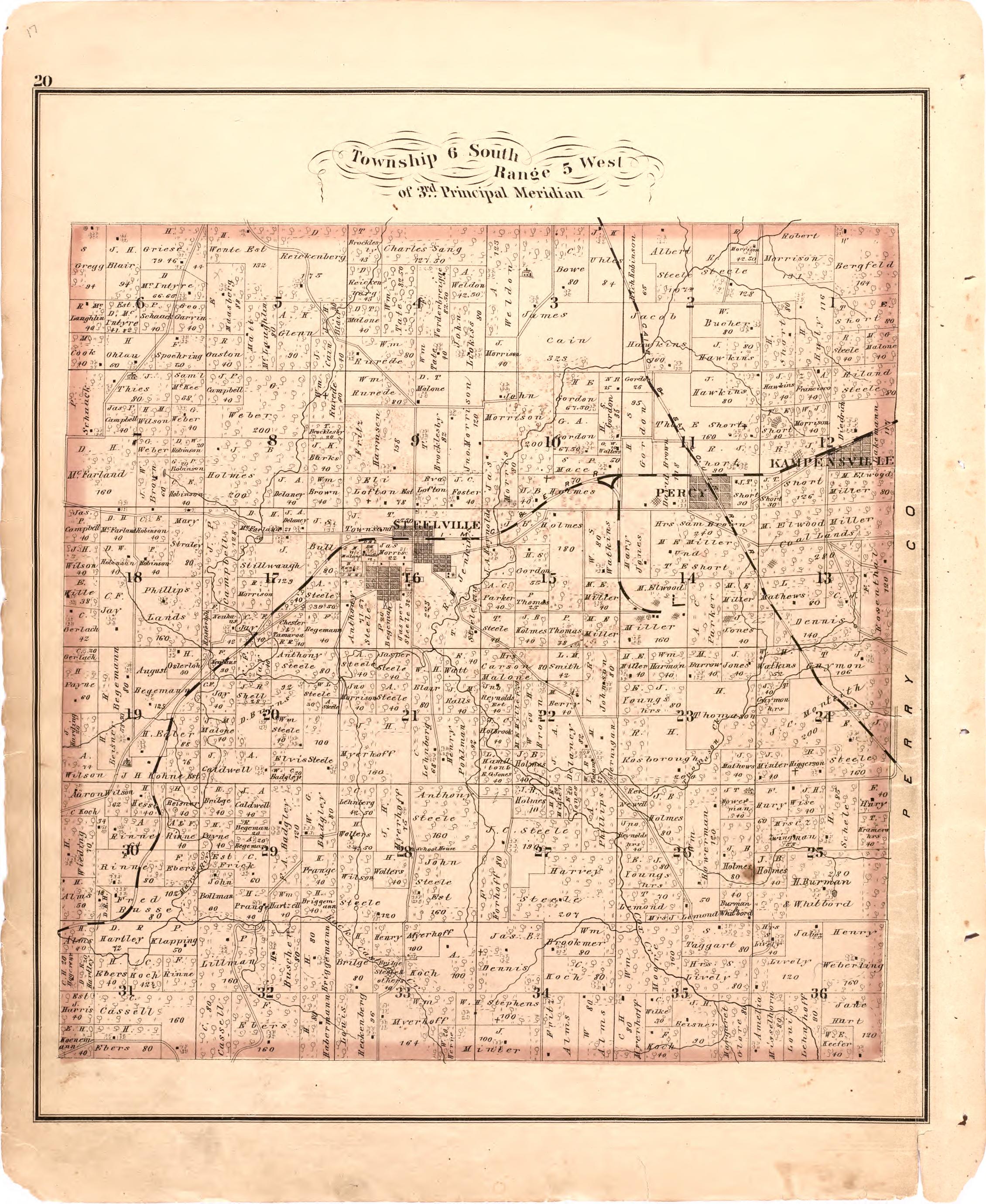 Township 6 South Range 5 West of 3rd Principal Meridian from an Illustrated Historical Atlas Map of Randolph County, Ills. : Carefully Compiled from Personal Examinations and Surveys 1875 by Relic Map Company