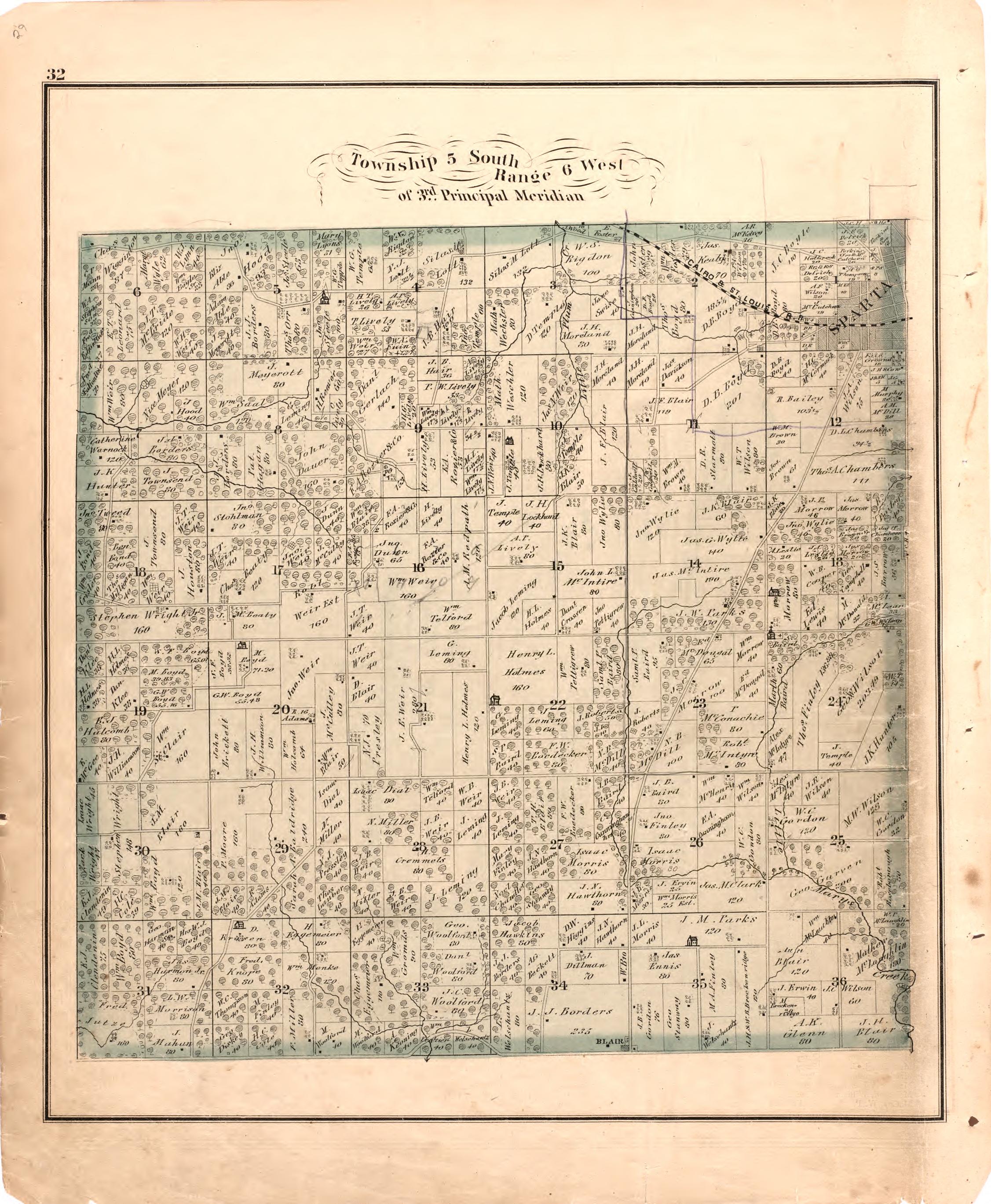 Township 5 South Range 6 West of 3rd Principal Meridian from an Illustrated Historical Atlas Map of Randolph County, Ills. : Carefully Compiled from Personal Examinations and Surveys 1875 by Relic Map Company