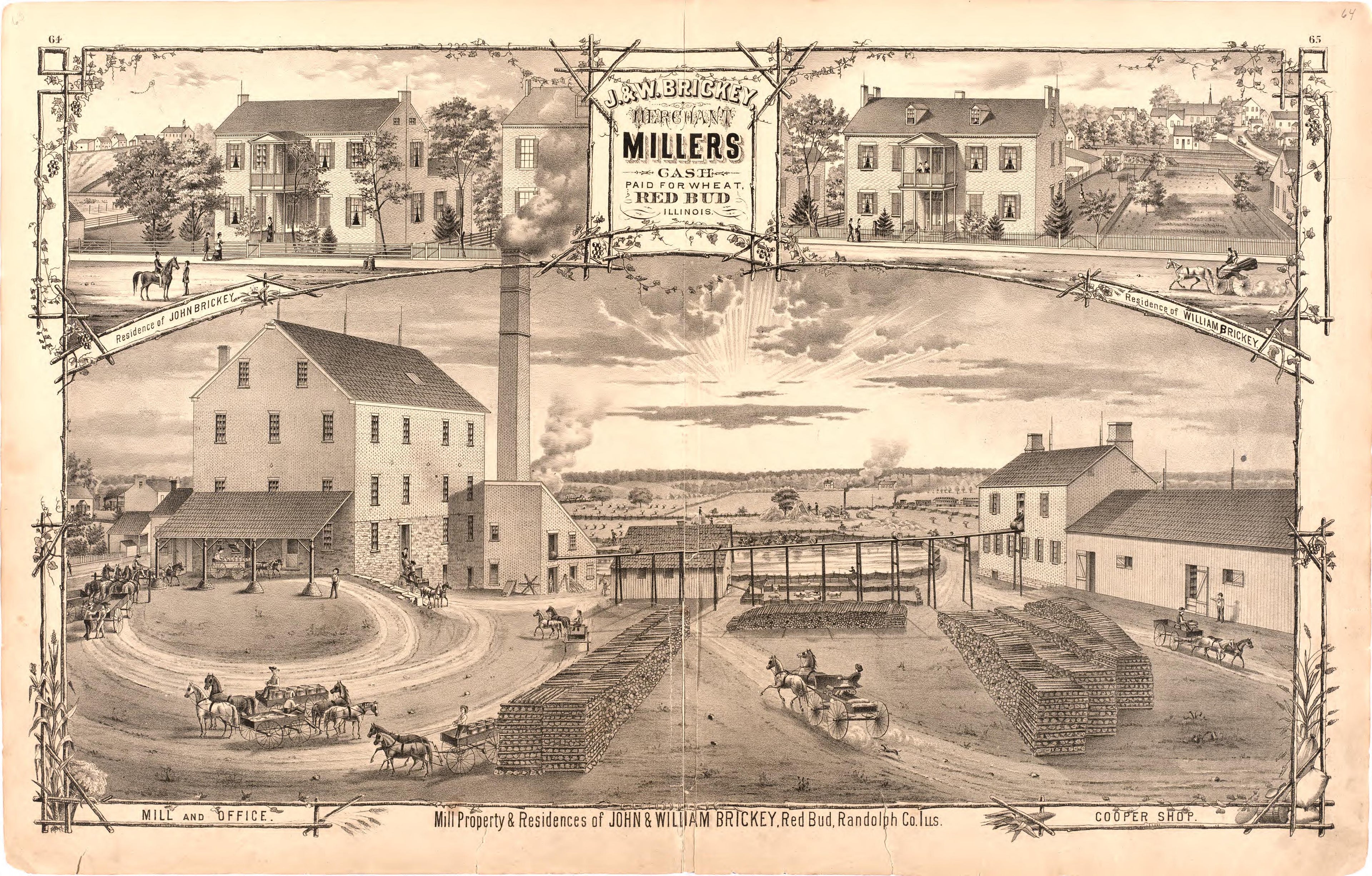 J&W Brickey Merchant Millers Cash Paid for Wheat, Red Bud, Illinois from an Illustrated Historical Atlas Map of Randolph County, Ills. : Carefully Compiled from Personal Examinations and Surveys 1875 by Relic Map Company