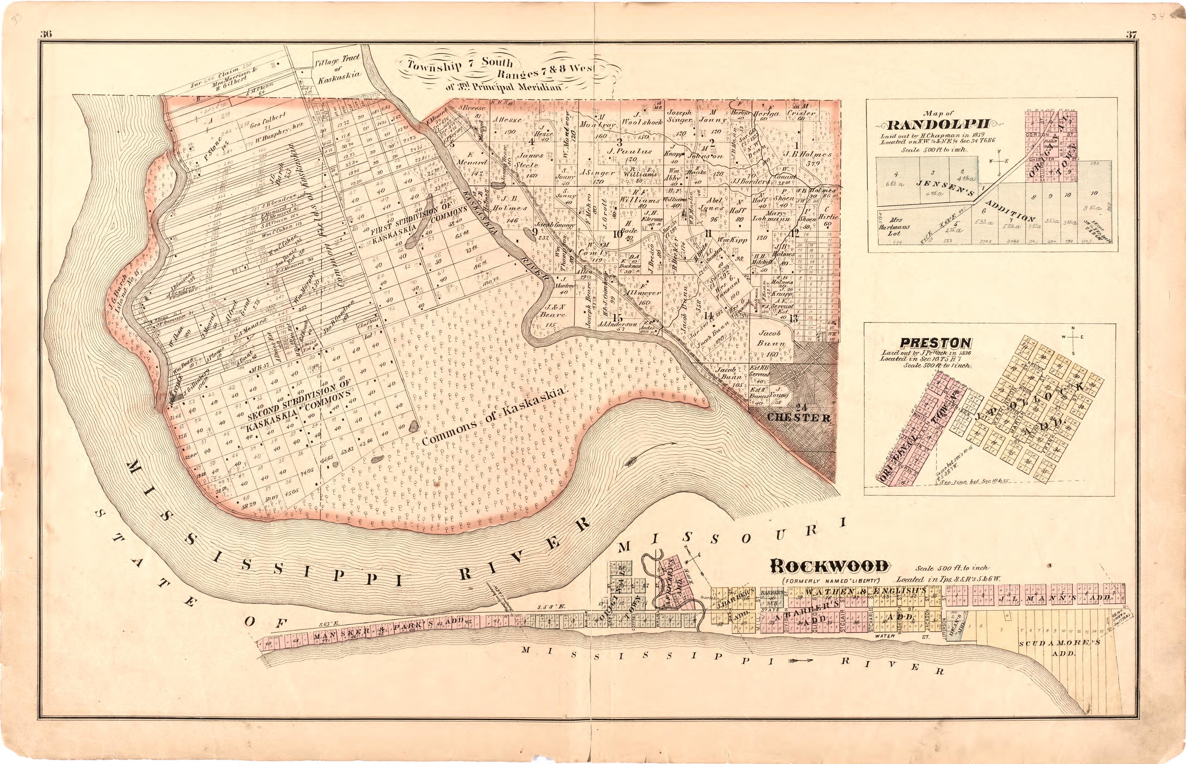 Township 7 South Ranges 7 & 8 West of 3rd Principal Meridian from an Illustrated Historical Atlas Map of Randolph County, Ills. : Carefully Compiled from Personal Examinations and Surveys 1875 by Relic Map Company