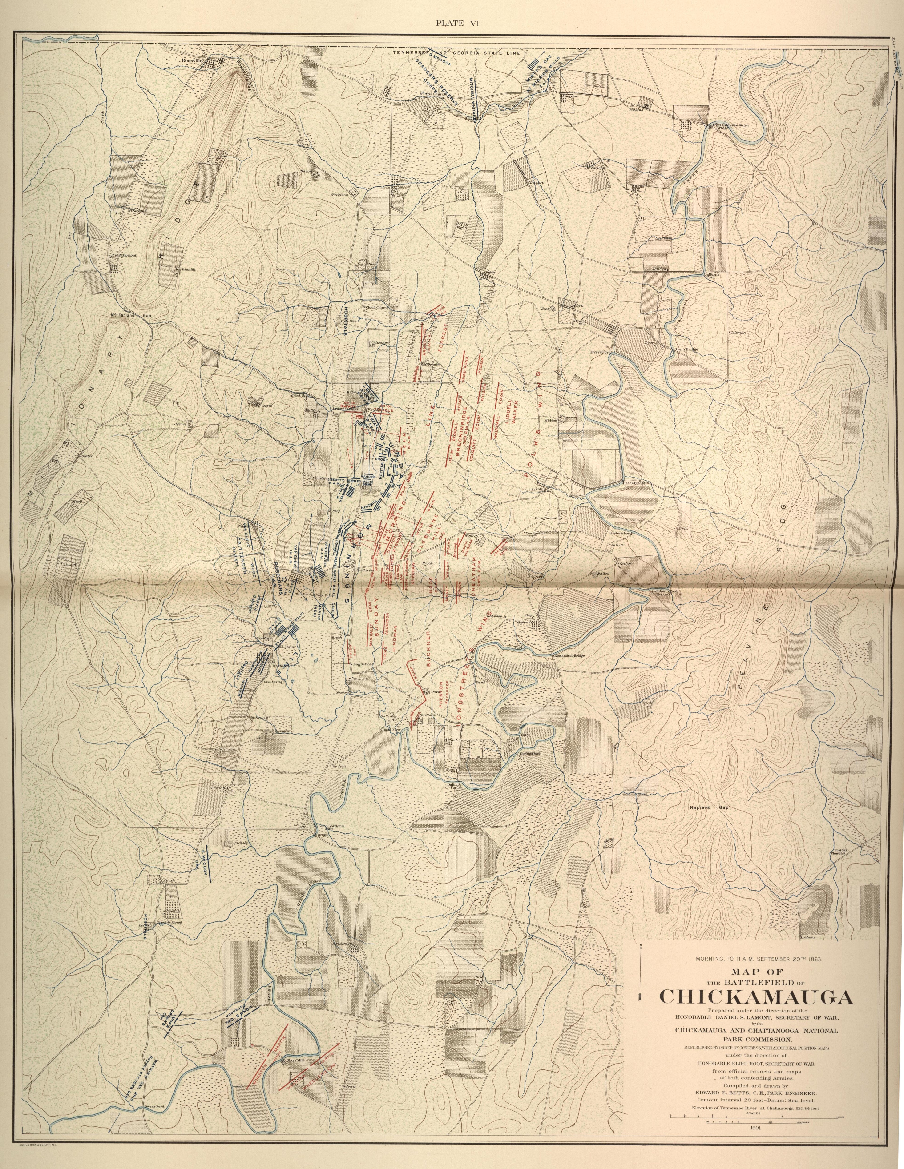 Morning - 11 AM, Sept. 20th, 1863 - Battlefield of Chickamauga from Atlas of the Battlefields of Chickamauga, Chattanooga, and Vicinity 1901 by Relic Map Company