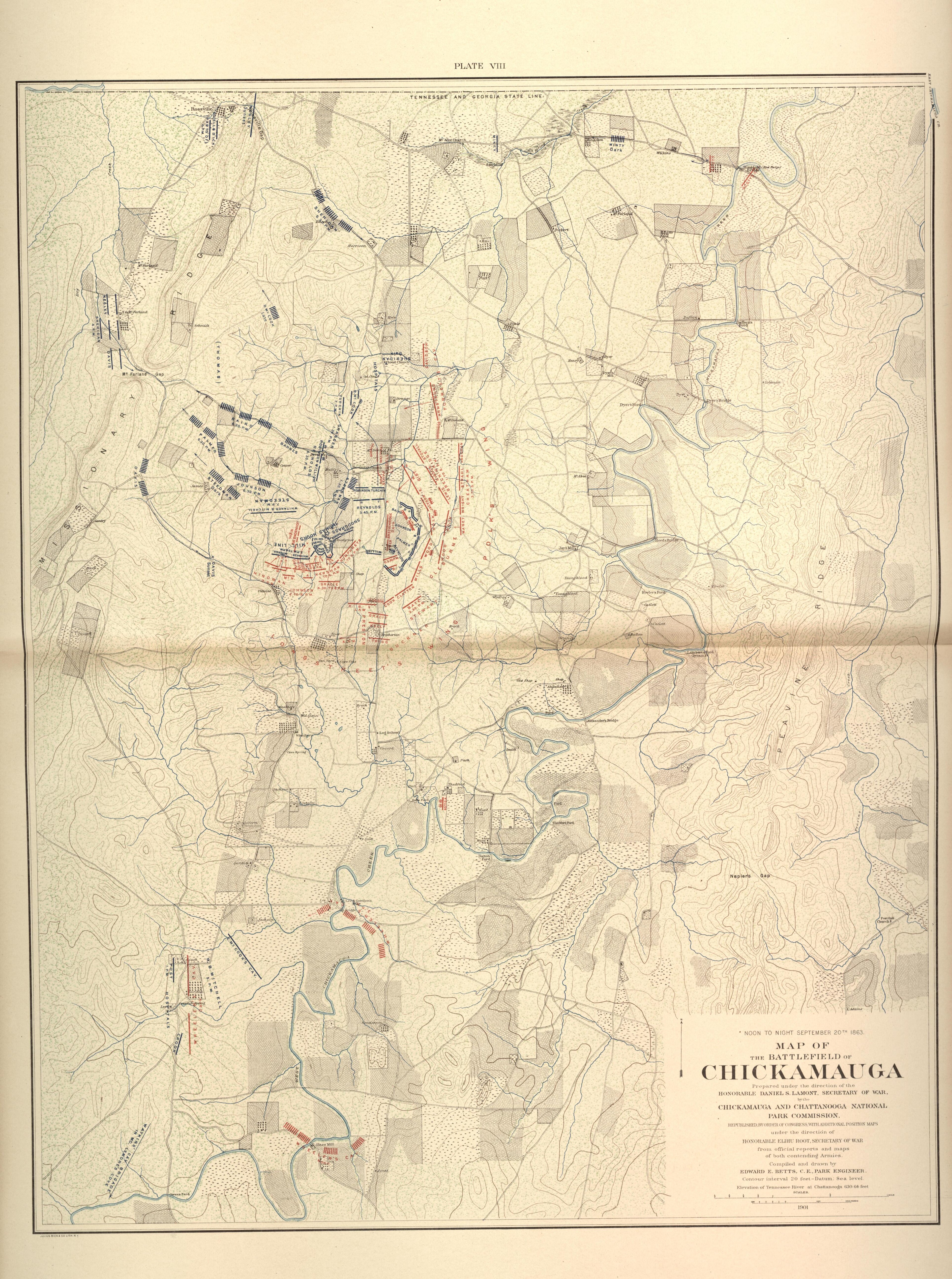 Noon - Night, Sept. 20th, 1863 - Battlefield of Chickamauga from Atlas of the Battlefields of Chickamauga, Chattanooga, and Vicinity 1901 by Relic Map Company
