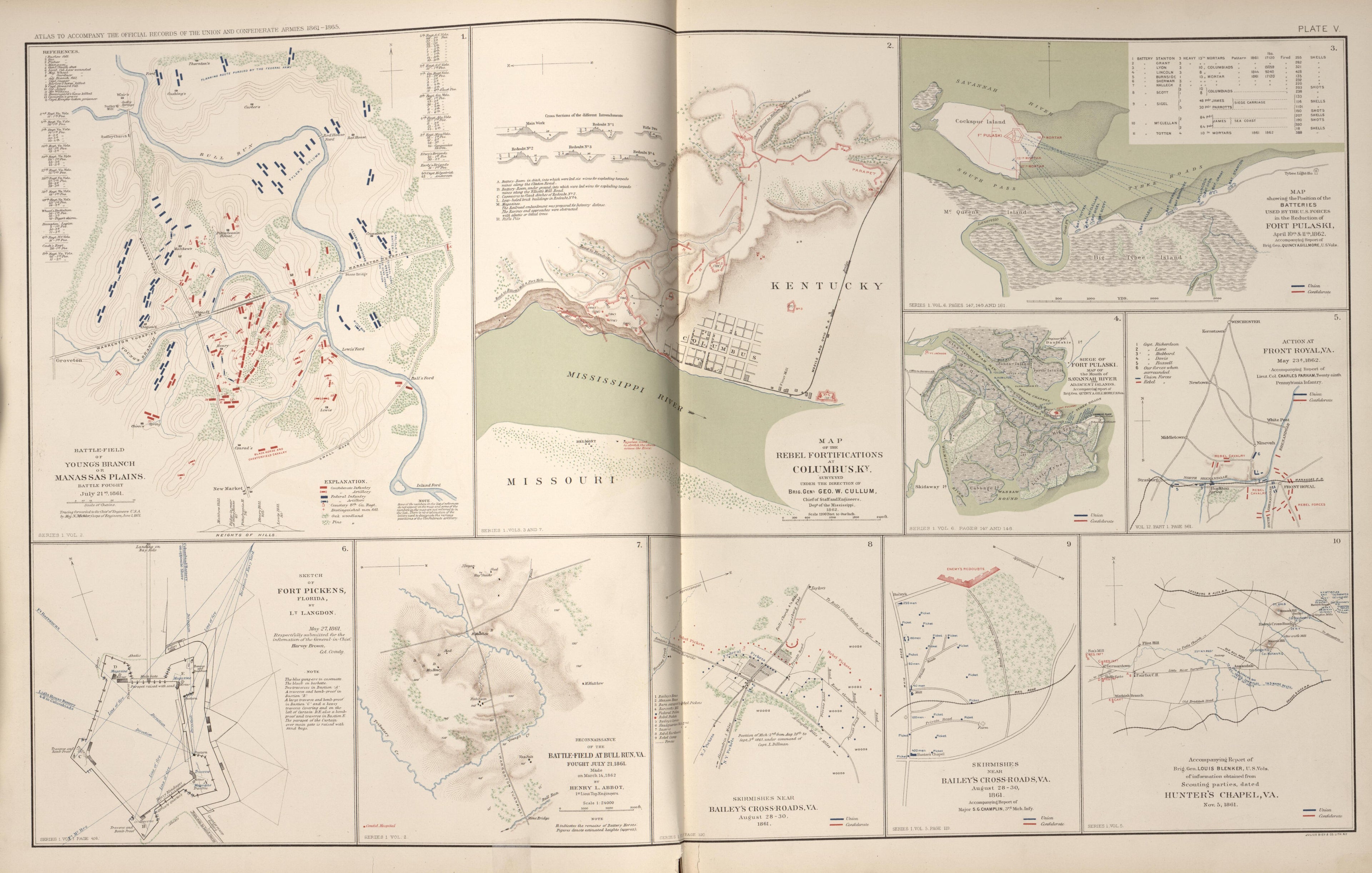 Columbus, Ky.;Fort Pulaski, Ga.; Fort Pickens, Fl.; and Various Forts In Va. from Atlas of the War of the Rebellion Giving Union and Confederate Armies by Actual Surveys by the Union and Confederate Engineers, and Approved by the Officers In Command, ... by Relic Map Company