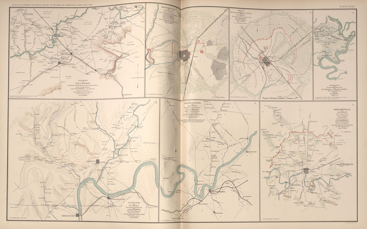 Decherd; Manchester; Tullahoma; Shelbyville; Chattanooga; Jasper, Tenn. from Atlas of the War of the Rebellion Giving Union and Confederate Armies by Actual Surveys by the Union and Confederate Engineers, and Approved by the Officers In Command, of Al... by Relic Map Company