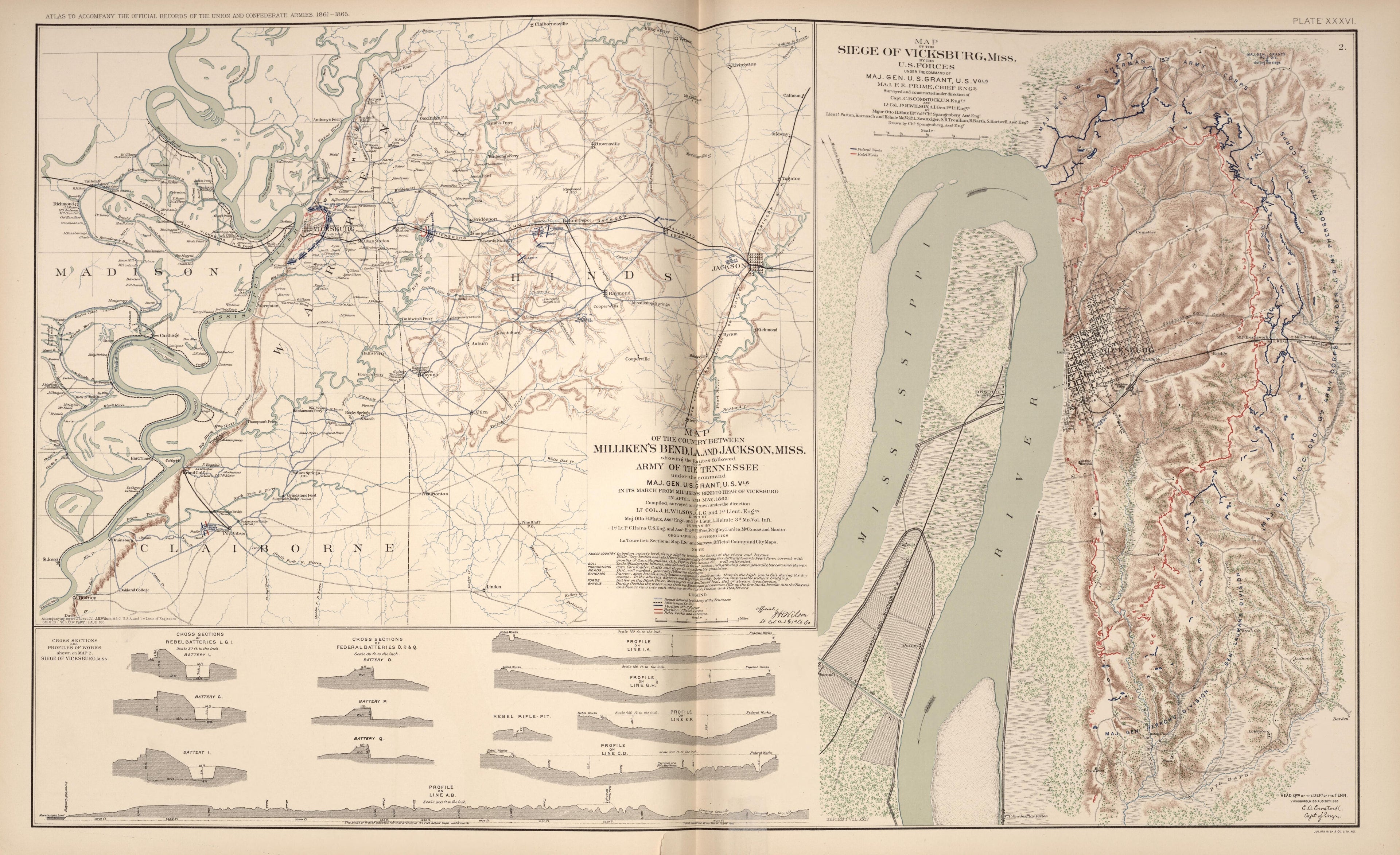 Vicksburg, Miss.; Millikens Bend, La.; Jackson, Miss. from Atlas of the War of the Rebellion Giving Union and Confederate Armies by Actual Surveys by the Union and Confederate Engineers, and Approved by the Officers In Command, of All the Maps … 1892 by Relic Map Company