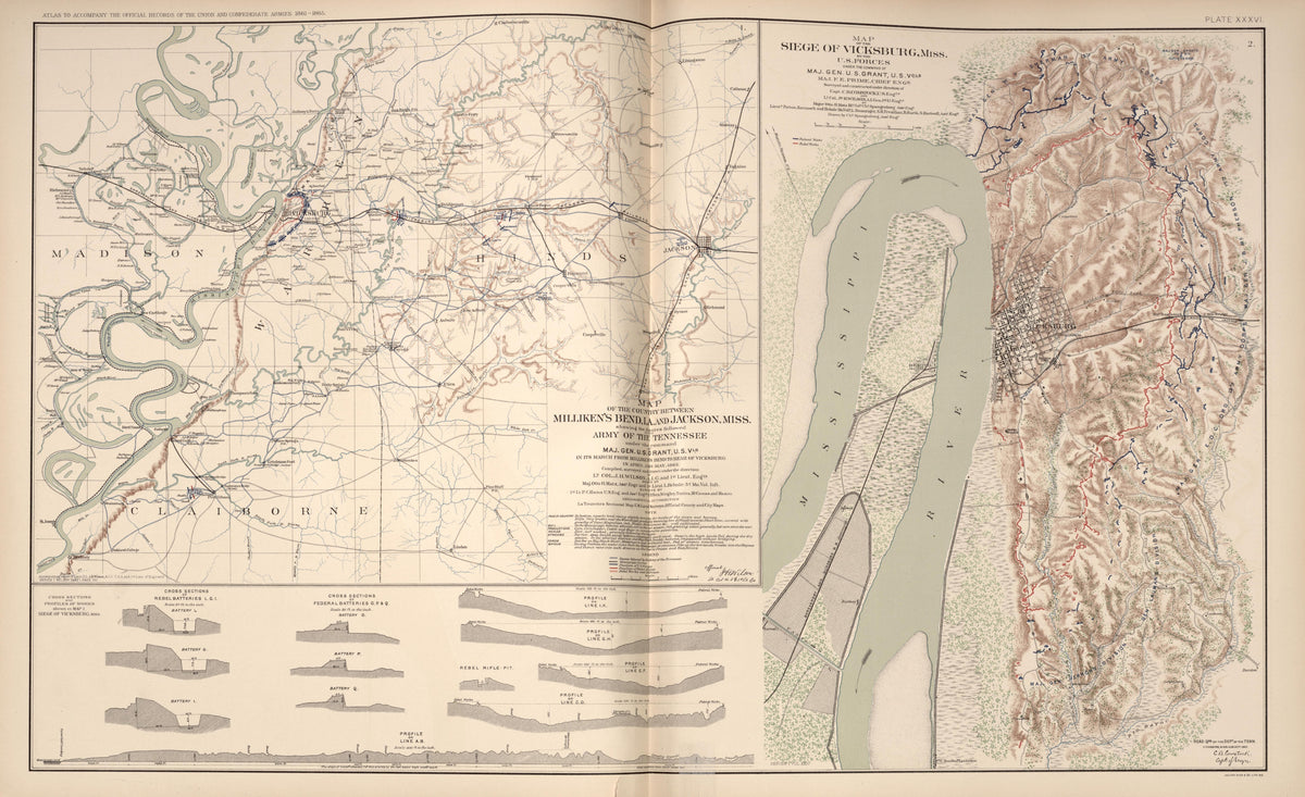 Vicksburg, Miss.; Millikens Bend, La.; Jackson, Miss. from Atlas of the War of the Rebellion Giving Union and Confederate Armies by Actual Surveys by the Union and Confederate Engineers, and Approved by the Officers In Command, of All the Maps … 1892 by Relic Map Company