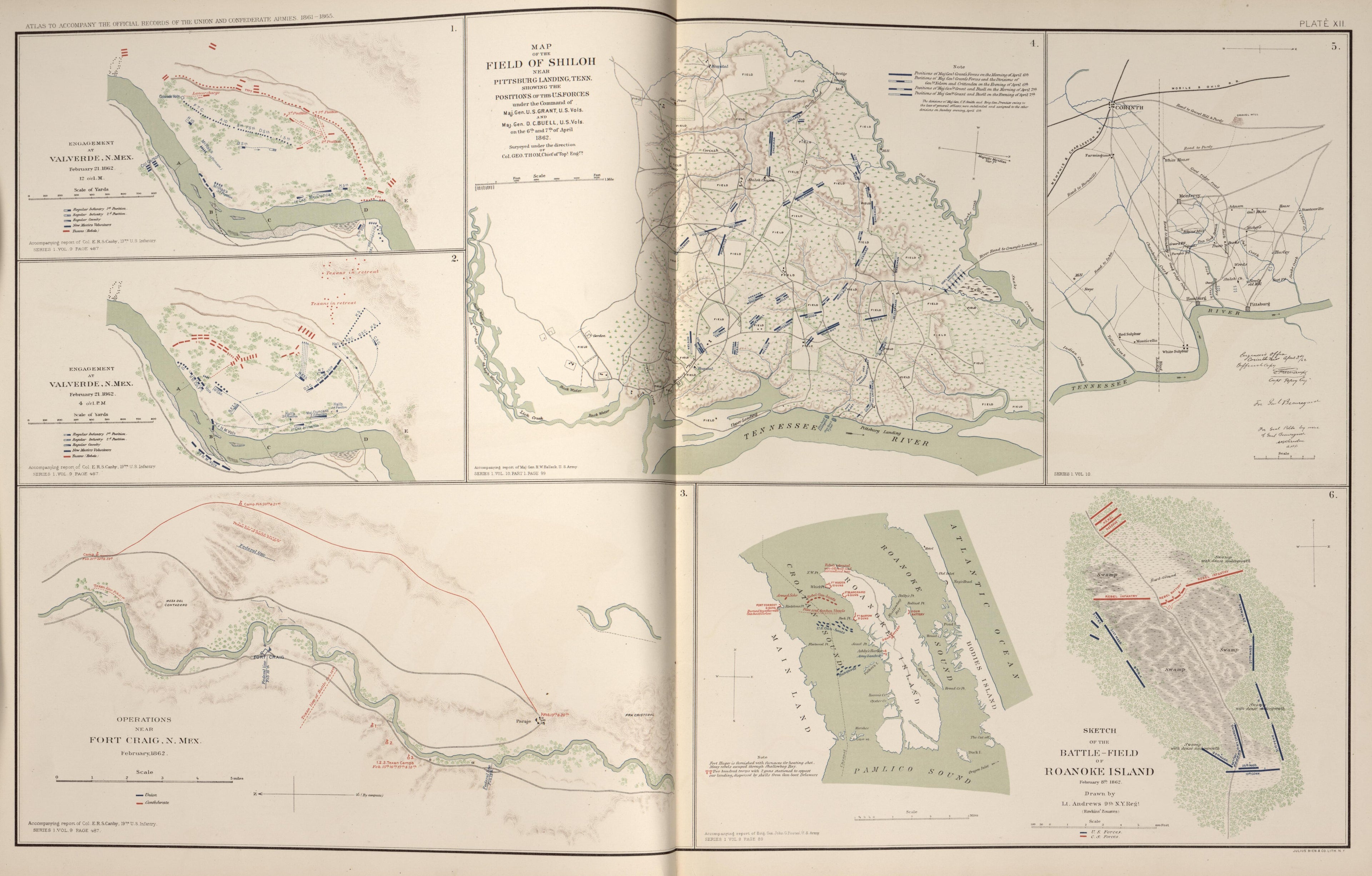 Shiloh, Tenn.; Valverde and Fort Craig, N.M.; Roanoke Island, Va. from Atlas of the War of the Rebellion Giving Union and Confederate Armies by Actual Surveys by the Union and Confederate Engineers, and Approved by the Officers In Command, of All the ... by Relic Map Company
