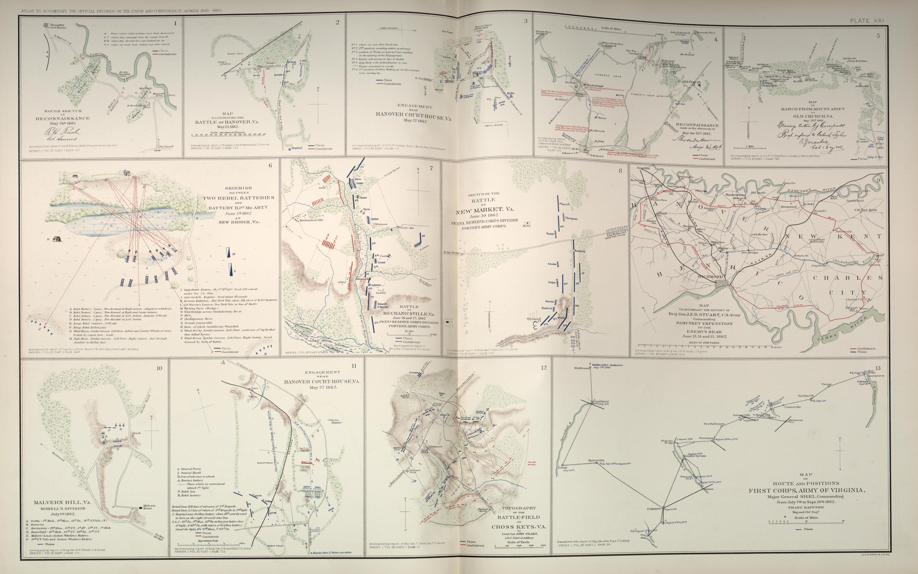 Hanover; New Market; Malvern Hill; Cross Keys; Old Church, Va. from Atlas of the War of the Rebellion Giving Union and Confederate Armies by Actual Surveys by the Union and Confederate Engineers, and Approved by the Officers In Command, of All the Map... by Relic Map Company