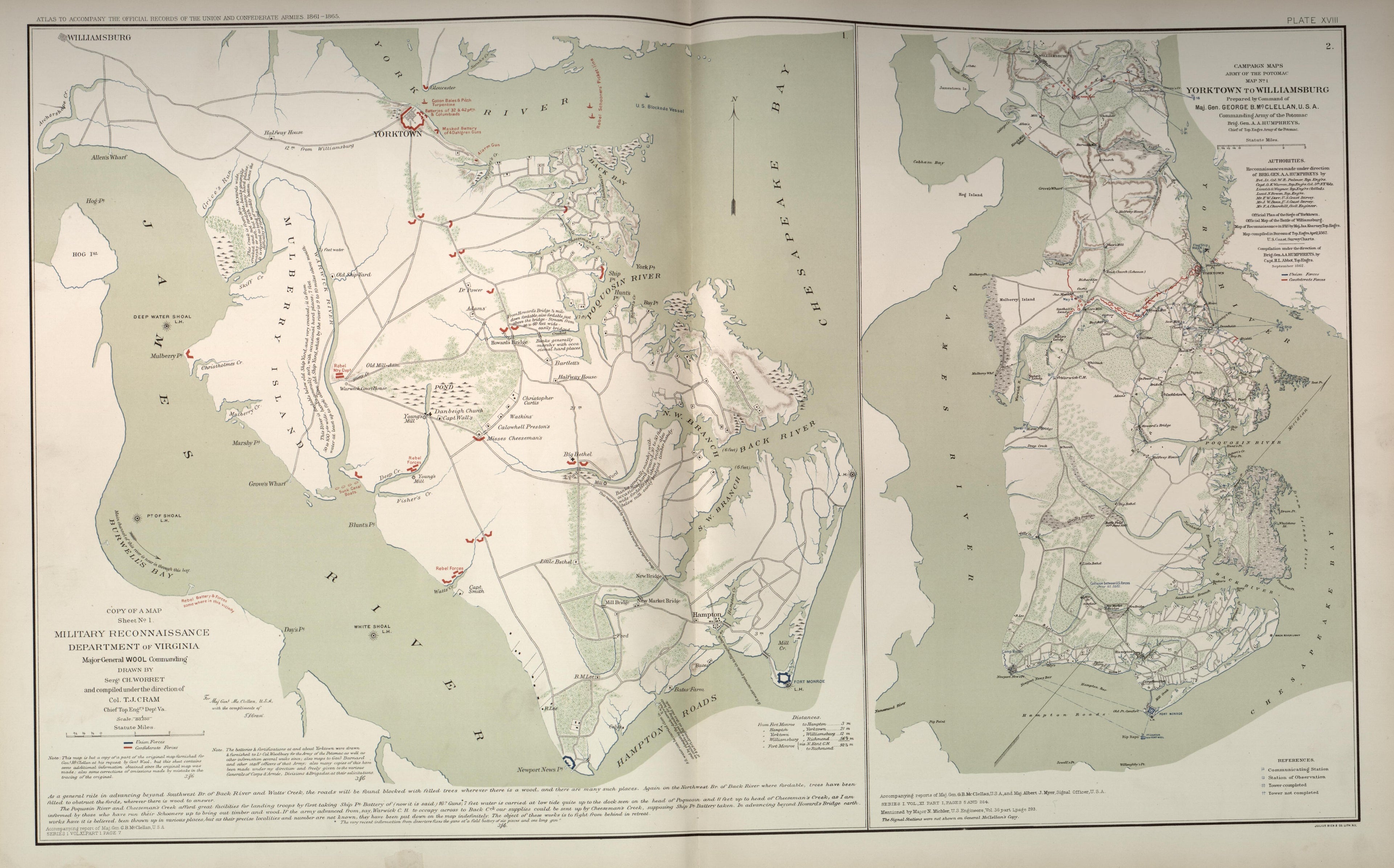 Yorktown to Williamsburg, Va. from Atlas of the War of the Rebellion Giving Union and Confederate Armies by Actual Surveys by the Union and Confederate Engineers, and Approved by the Officers In Command, of All the Maps … 1892 by Relic Map Company