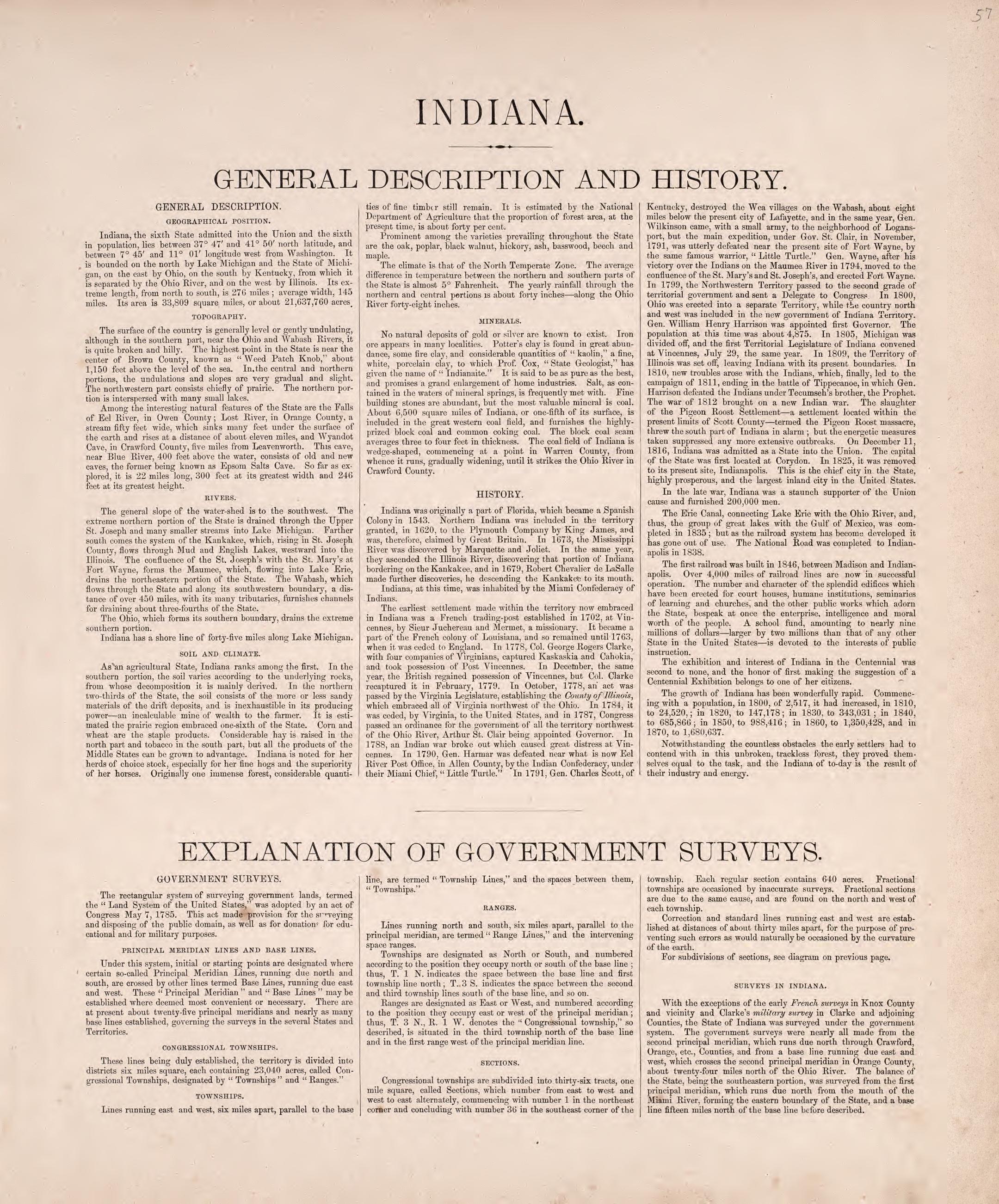 Indiana, General Description and History; Explanation of General Surveys from Atlas of Steuben County, Indiana : to Which Are Added Various General Maps, History, Statistics, Illustrations, & C. & C. & C 1880 by Relic Map Company