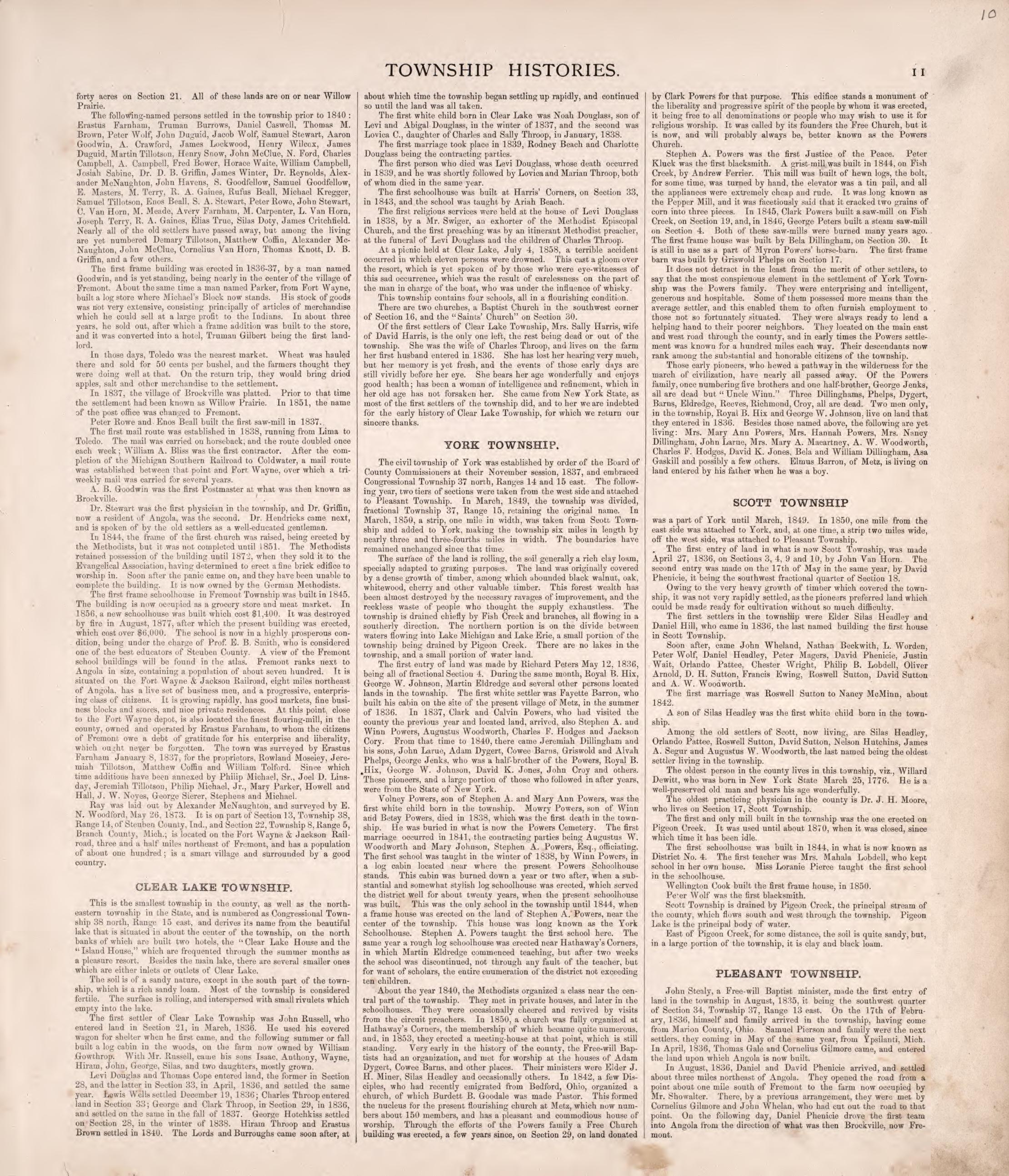 Township Histories (continued) from Atlas of Steuben County, Indiana : to Which Are Added Various General Maps, History, Statistics, Illustrations, & C. & C. & C 1880 by Relic Map Company