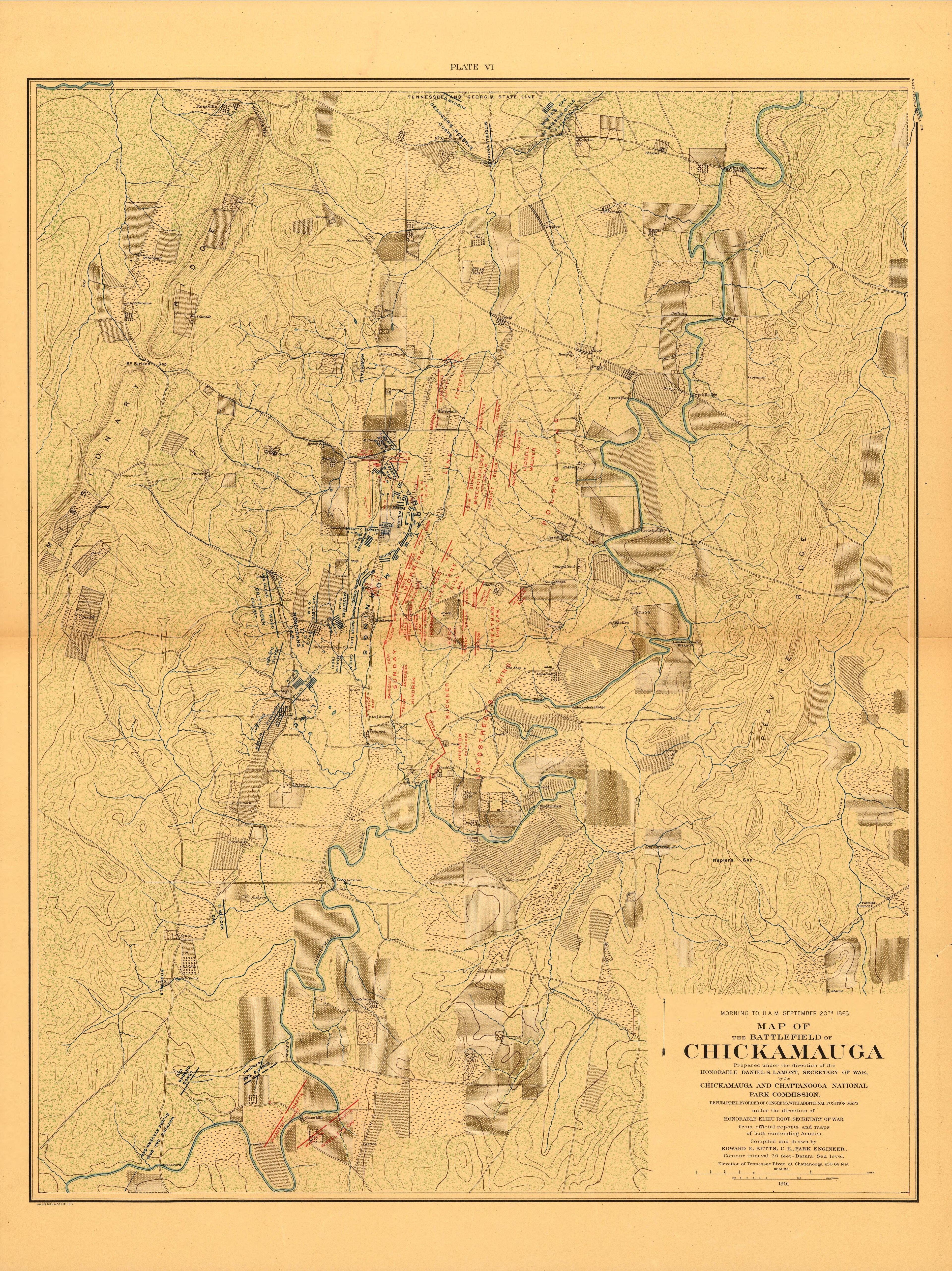 Map of the Battlefield of Chickmauga. Morning to 11:00am Sept. 20, 1863 from Atlas of Chickamauga, Chattanooga, and Vicinity 1901 by Relic Map Company