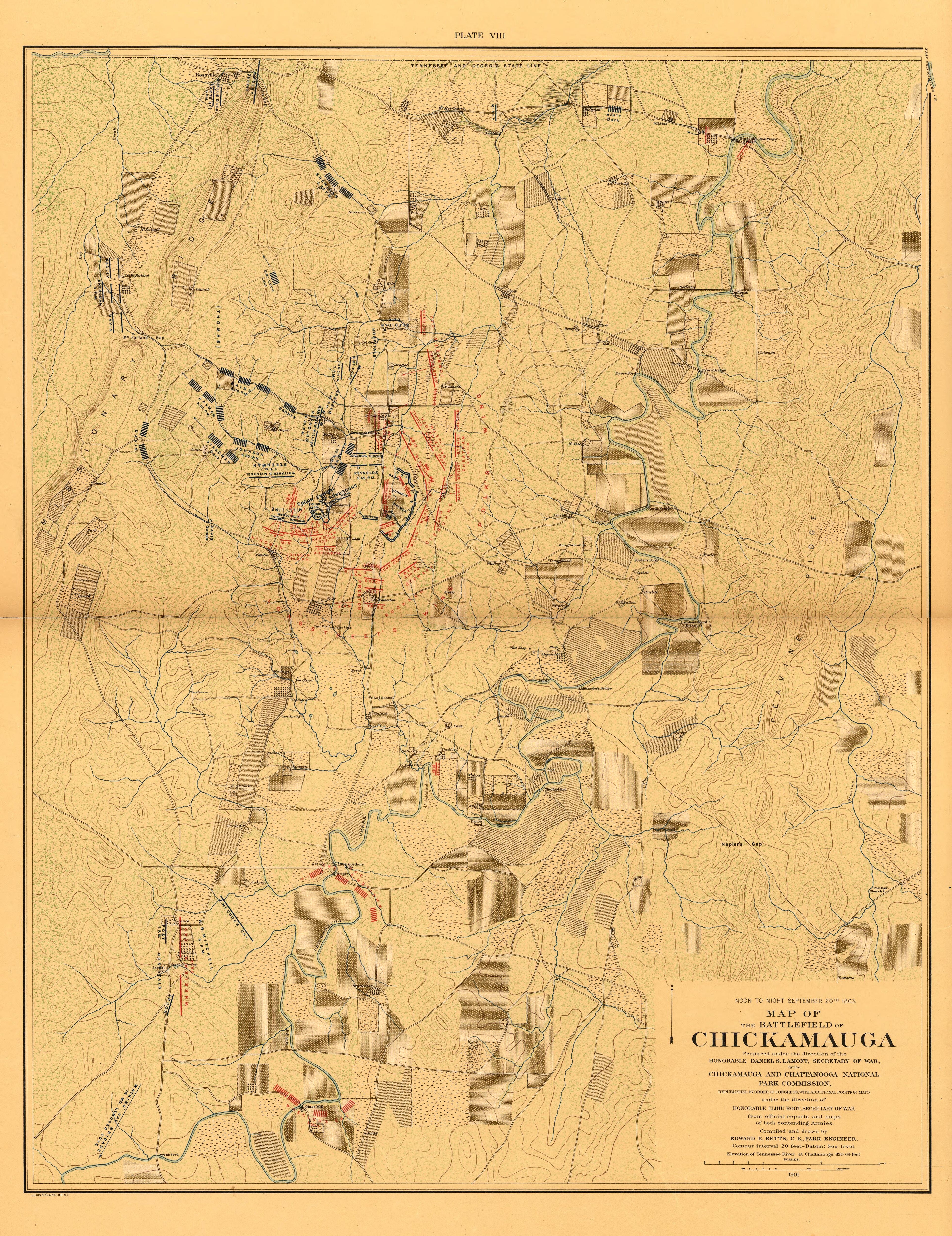 Map of the Battlefield of Chickmauga. Noon to Night Sept. 20, 1863 from Atlas of Chickamauga, Chattanooga, and Vicinity 1901 by Relic Map Company