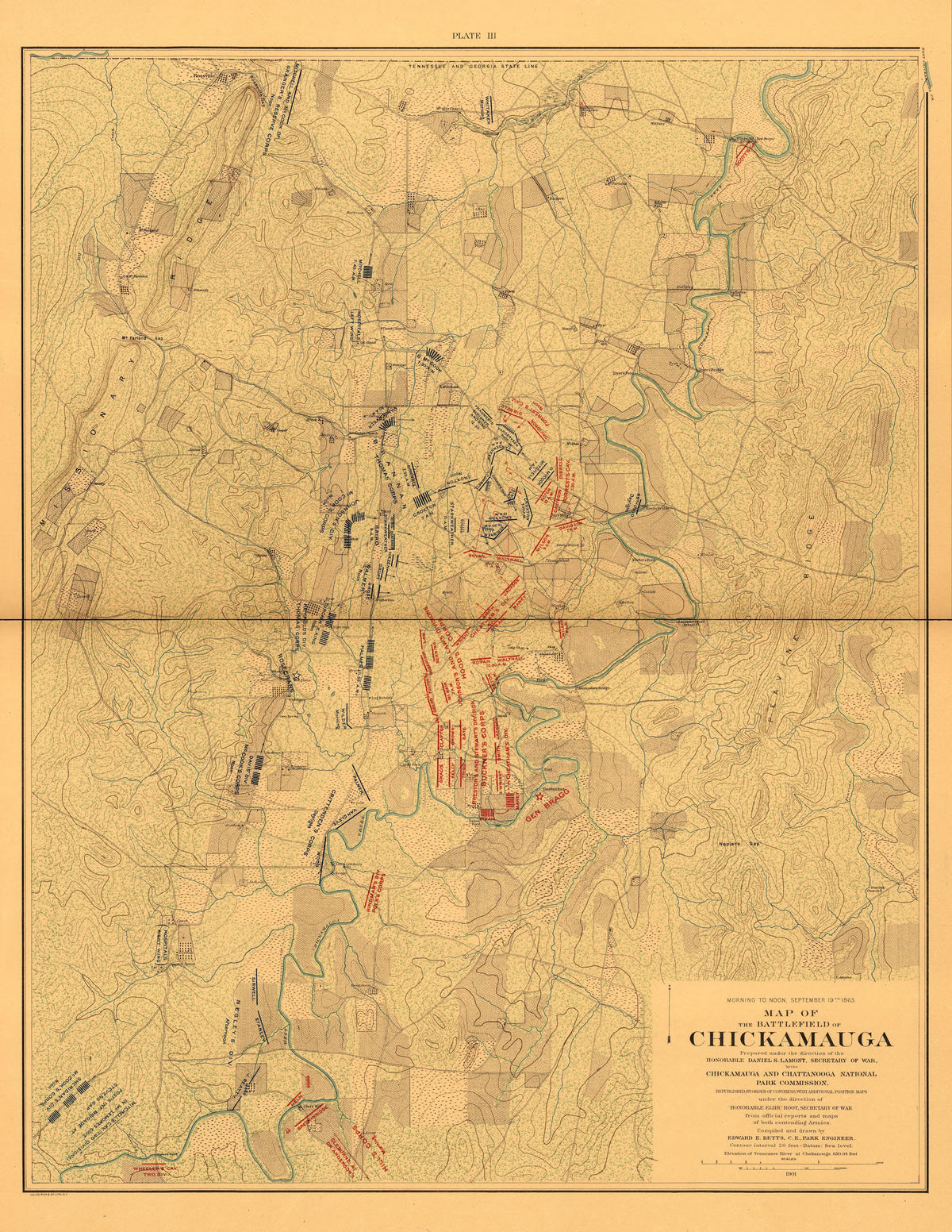 Map of the Battlefield of Chickmauga. Morning to Noon Sept. 19, 1863 from Atlas of Chickamauga, Chattanooga, and Vicinity 1901 by Relic Map Company