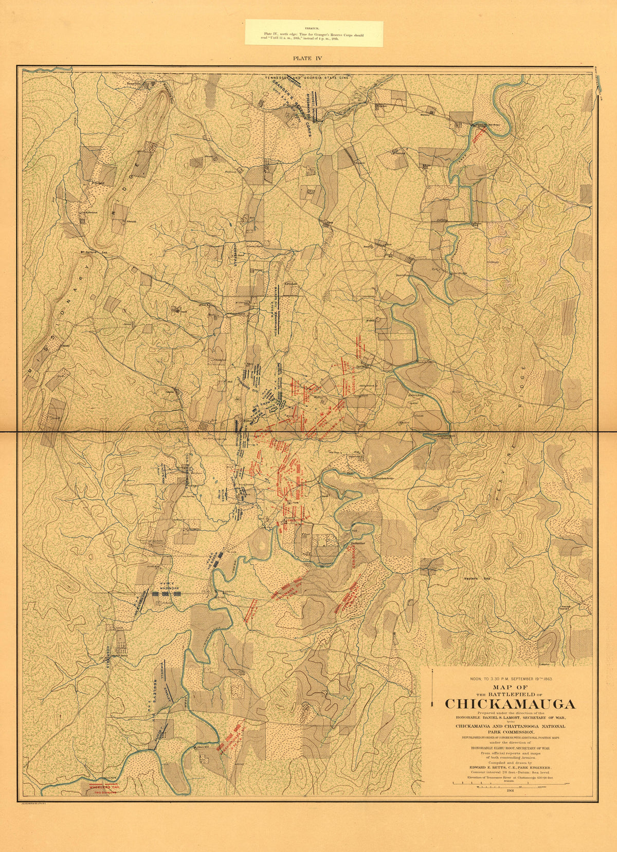 Map of the Battlefield of Chickmauga. Noon to 3:30pm Sept. 19, 1863 from Atlas of Chickamauga, Chattanooga, and Vicinity 1901 by Relic Map Company