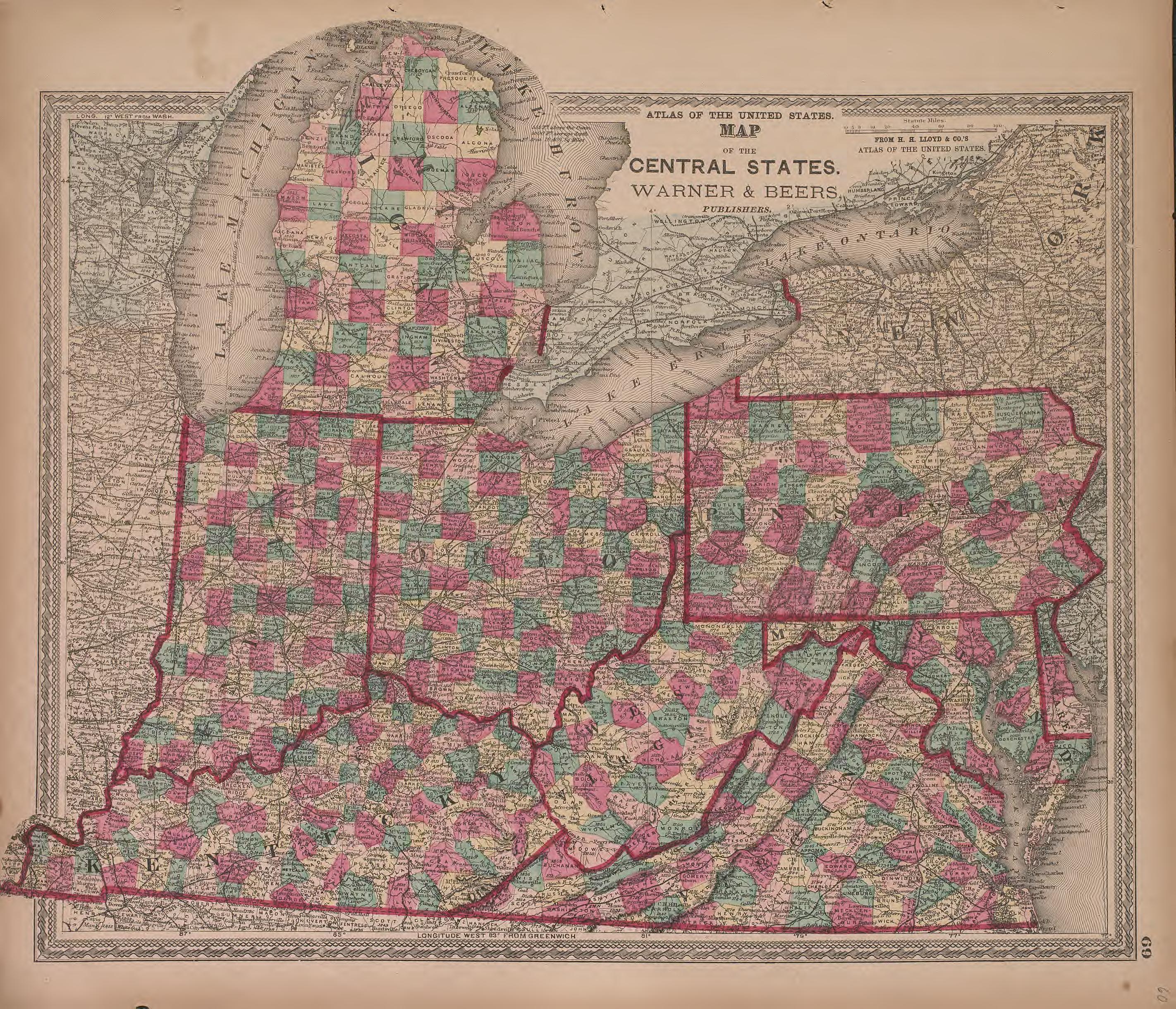 Map of the Central States, Warner and Beers from Atlas of Marshall County and the State of Illinois : to Which Is Added an Atlas of the United States, Maps of the Hemispheres &c. &c. &c 1870 by Relic Map Company