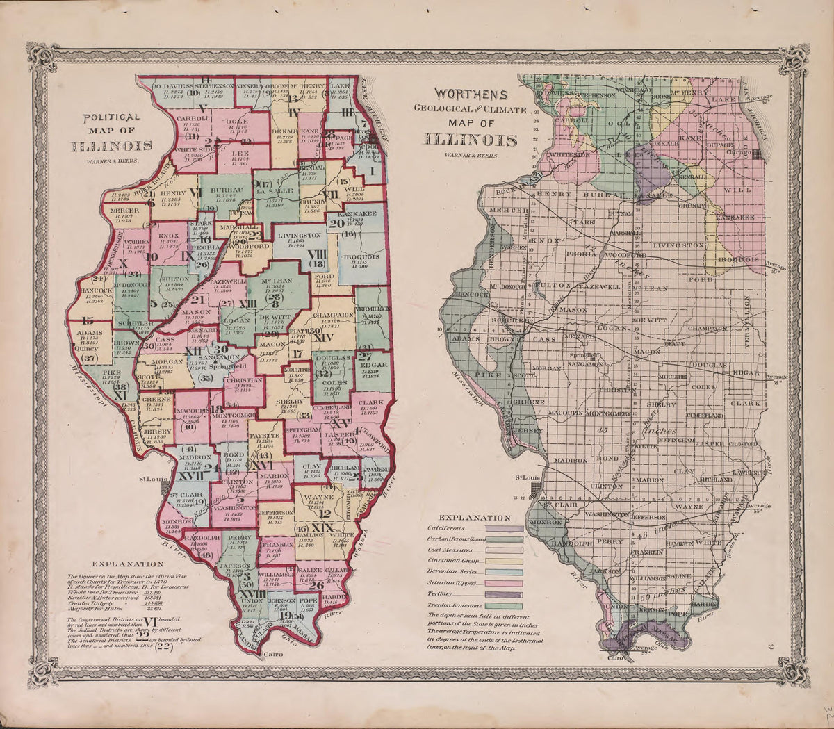 Political Map of Illinois from Atlas of Marshall County and the State of Illinois : to Which Is Added an Atlas of the United States, Maps of the Hemispheres &c. &c. &c 1870 by Relic Map Company