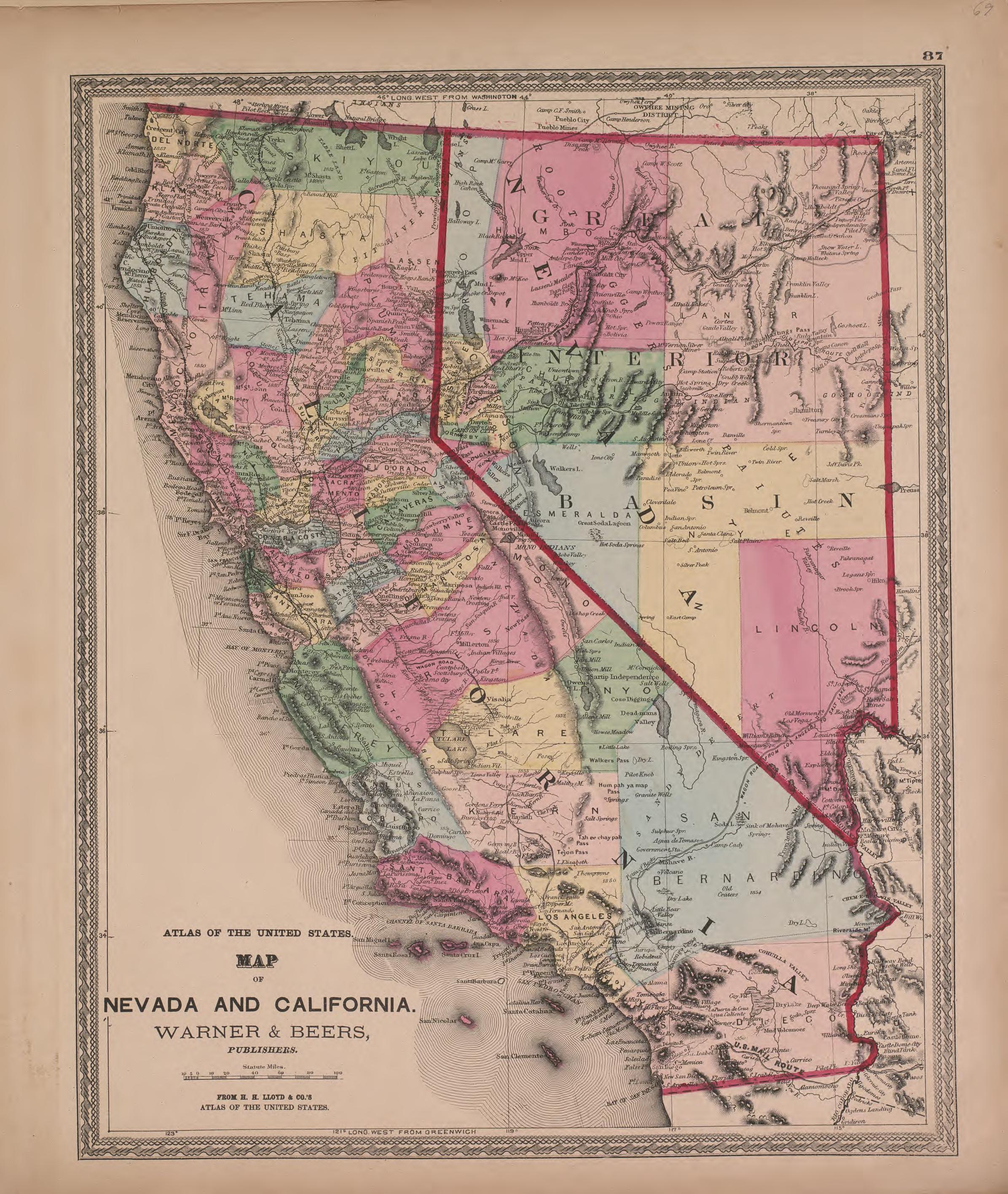 Map of Nevada and California from Atlas of Marshall County and the State of Illinois : to Which Is Added an Atlas of the United States, Maps of the Hemispheres &c. &c. &c 1870 by Relic Map Company