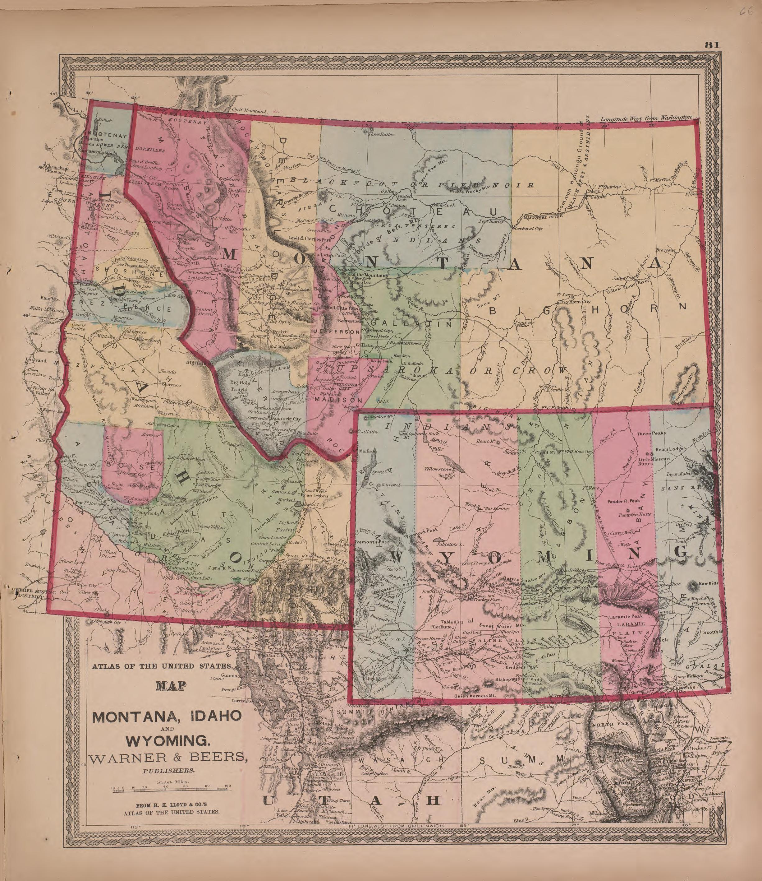 Map of Montana, Idaho, and Wyoming, Warner and Beers from Atlas of Marshall County and the State of Illinois : to Which Is Added an Atlas of the United States, Maps of the Hemispheres &c. &c. &c 1870 by Relic Map Company