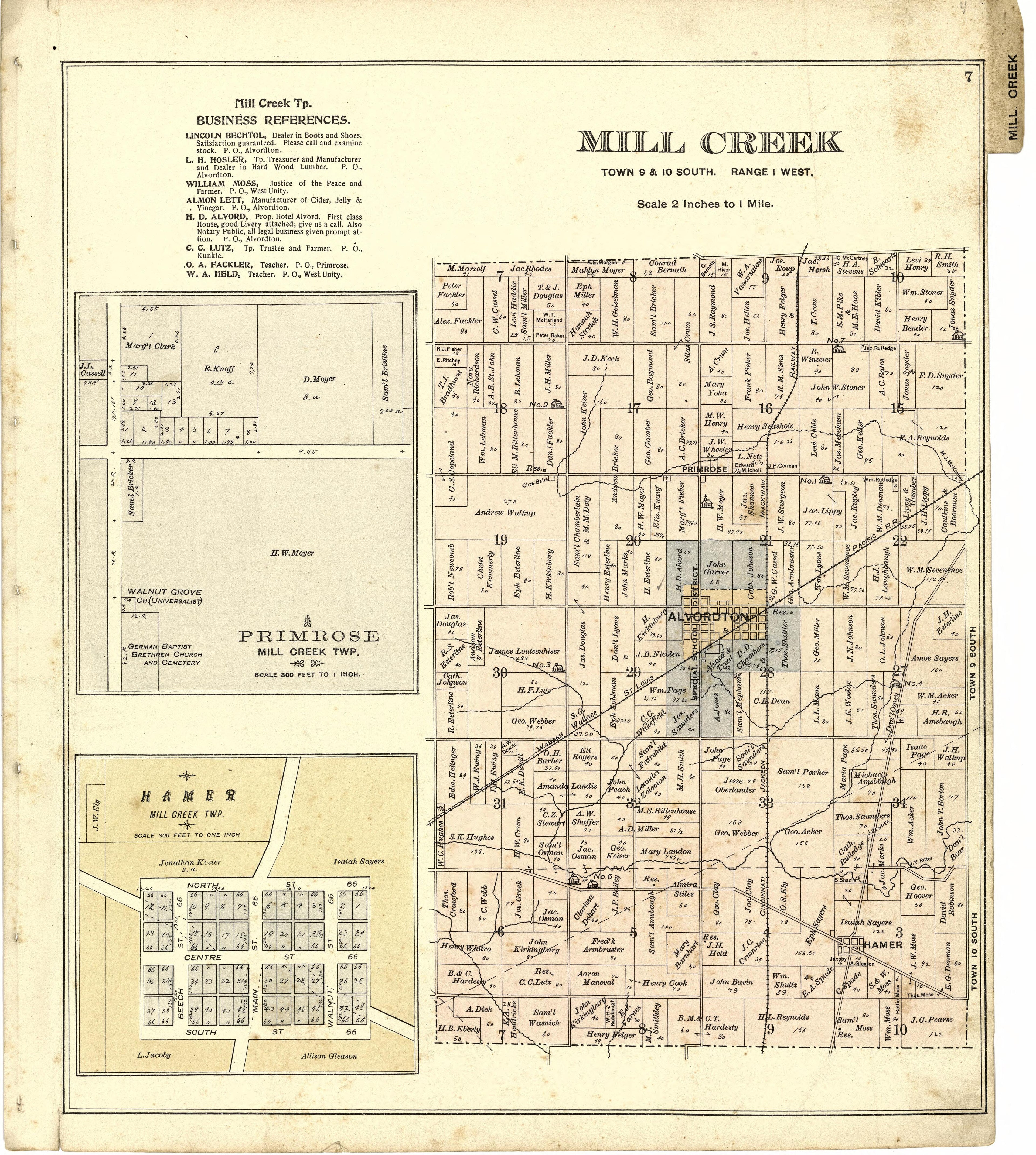 Mill Creek; Primrose; Hamer from Atlas of Williams County, Ohio : from County Records, Plats and Surveys 1894 by Relic Map Company