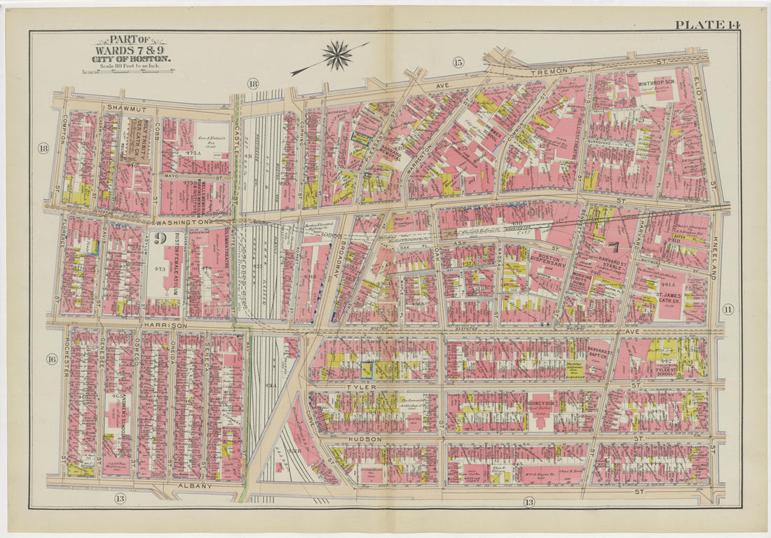 This old map of Boston, Massachusetts, was created by Bromley, George Washington|Bromley, Walter Scott in 1908