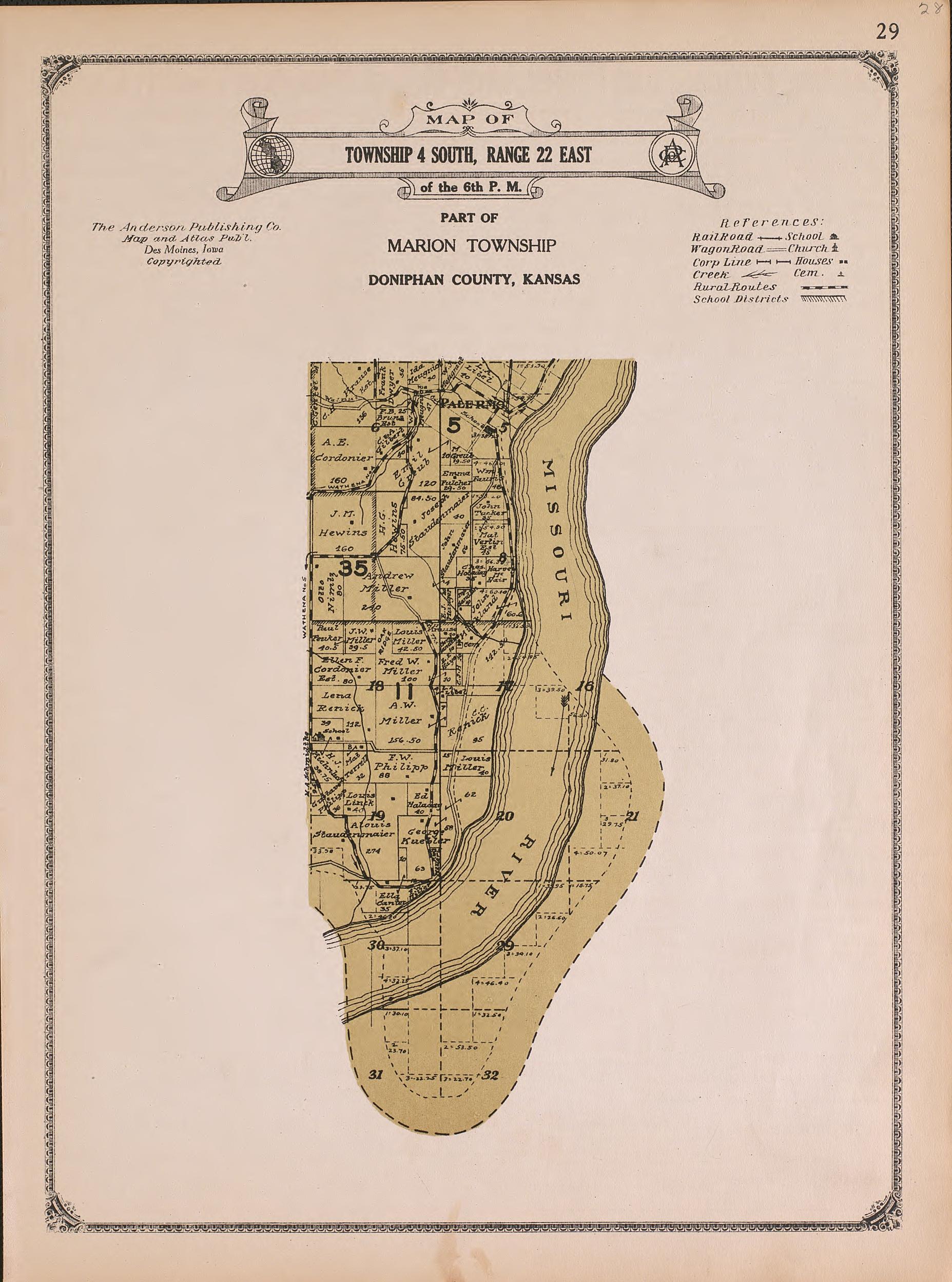 Township 4 South, Range 22 East from Atlas of Doniphan County, Kansas : Containing Maps of Townships of the County, Maps of State, United States and World : Farmers Directory, Analysis of the System of U.S. Land Surveys 1927 by Relic Map Company