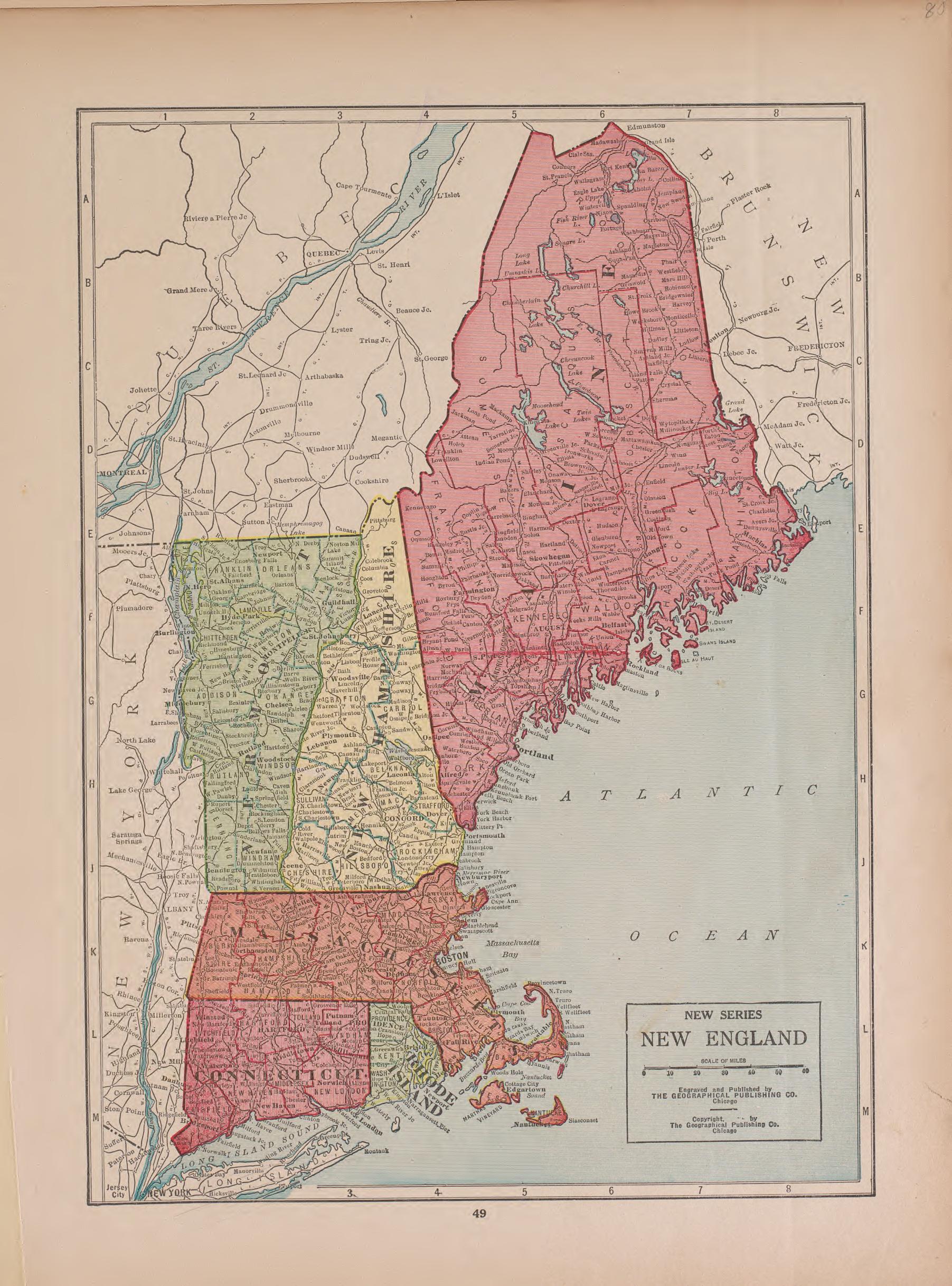 New England from Atlas of Doniphan County, Kansas : Containing Maps of Townships of the County, Maps of State, United States and World : Farmers Directory, Analysis of the System of U.S. Land Surveys 1927 by Relic Map Company