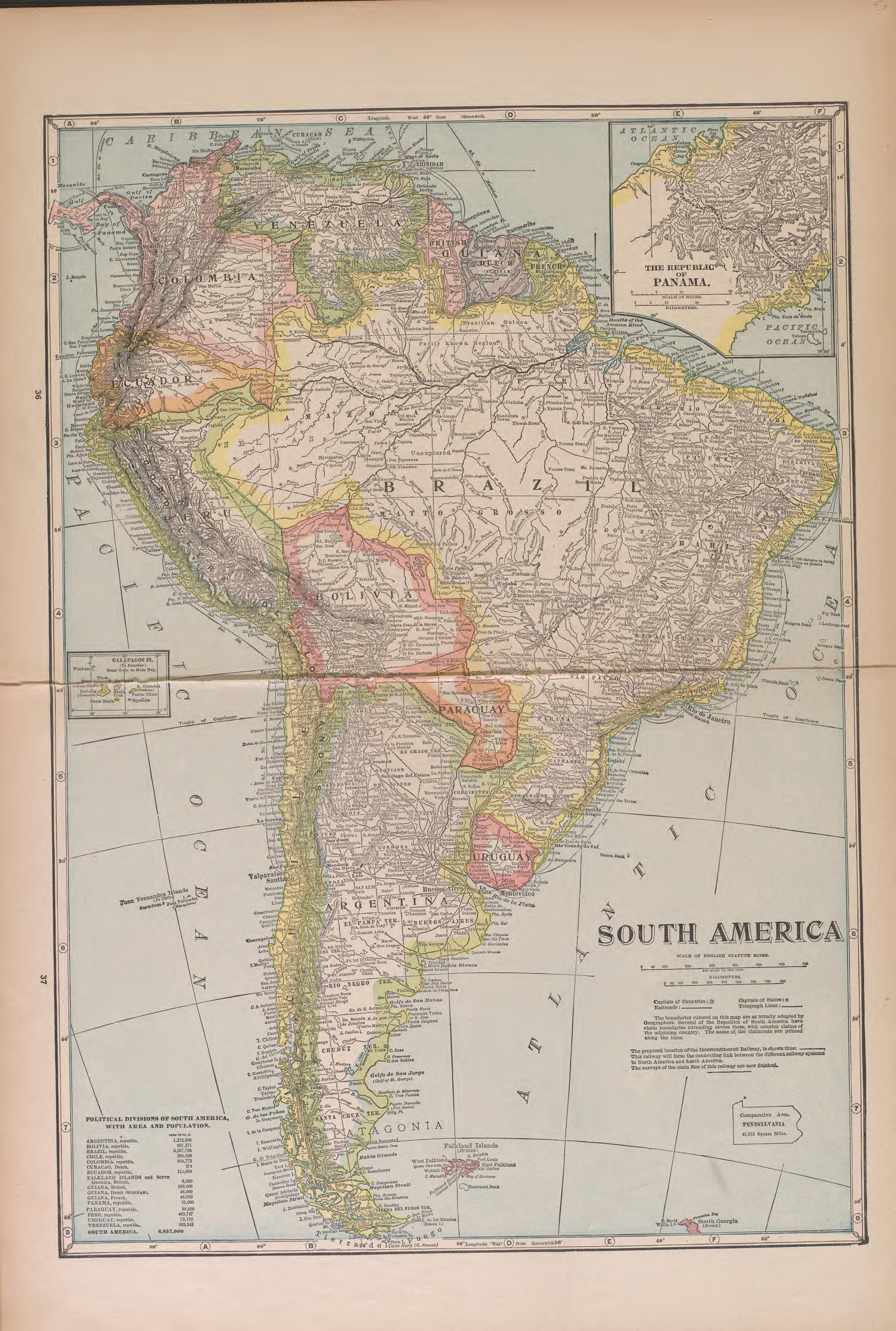 South America from Atlas of Doniphan County, Kansas : Containing Maps of Townships of the County, Maps of State, United States and World : Farmers Directory, Analysis of the System of U.S. Land Surveys 1927 by Relic Map Company