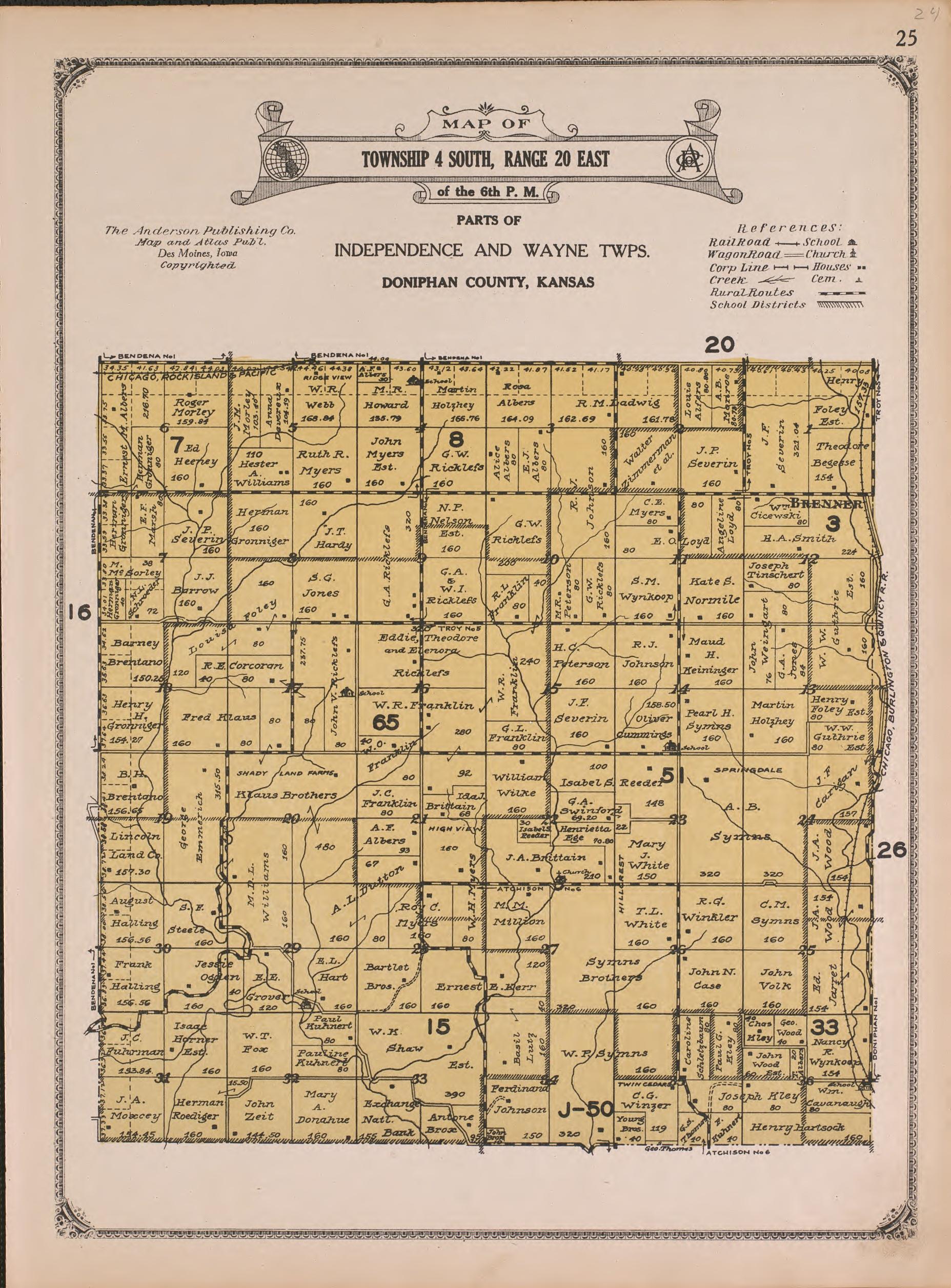 Township 4 South, Range 20 East from Atlas of Doniphan County, Kansas : Containing Maps of Townships of the County, Maps of State, United States and World : Farmers Directory, Analysis of the System of U.S. Land Surveys 1927 by Relic Map Company
