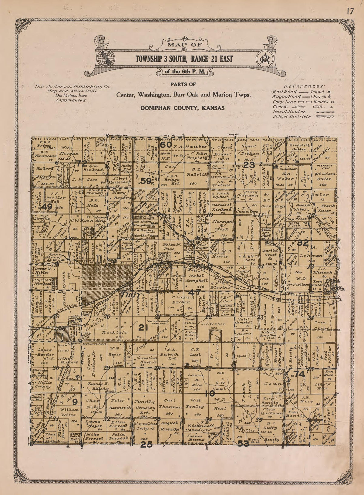 Township 3 South, Range 21 East from Atlas of Doniphan County, Kansas : Containing Maps of Townships of the County, Maps of State, United States and World : Farmers Directory, Analysis of the System of U.S. Land Surveys 1927 by Relic Map Company