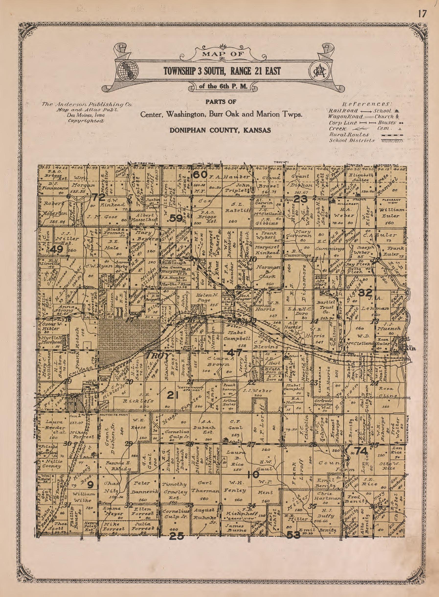 Township 3 South, Range 21 East from Atlas of Doniphan County, Kansas : Containing Maps of Townships of the County, Maps of State, United States and World : Farmers Directory, Analysis of the System of U.S. Land Surveys 1927 by Relic Map Company
