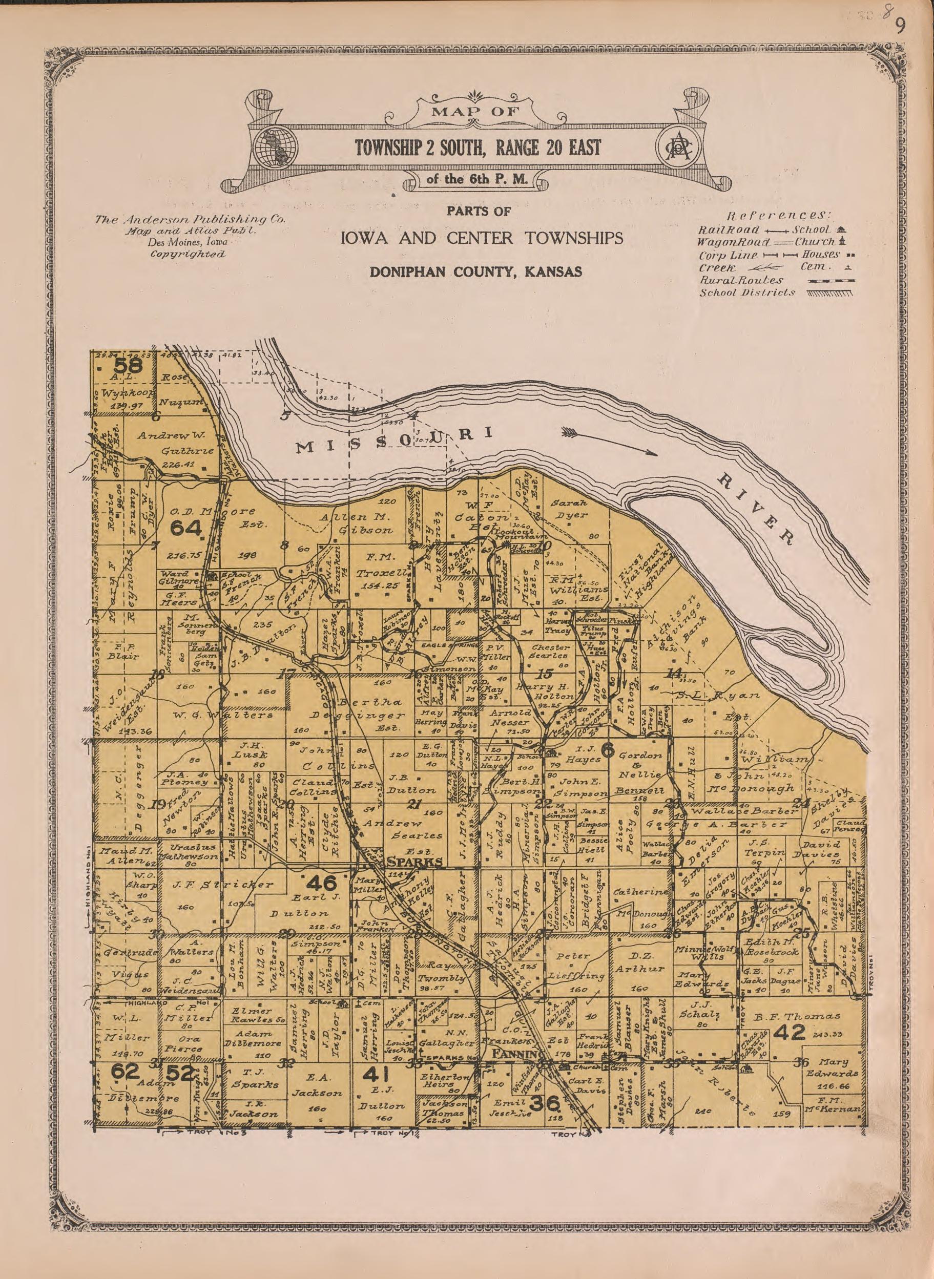 Township 2 South, Range 20 East from Atlas of Doniphan County, Kansas : Containing Maps of Townships of the County, Maps of State, United States and World : Farmers Directory, Analysis of the System of U.S. Land Surveys 1927 by Relic Map Company