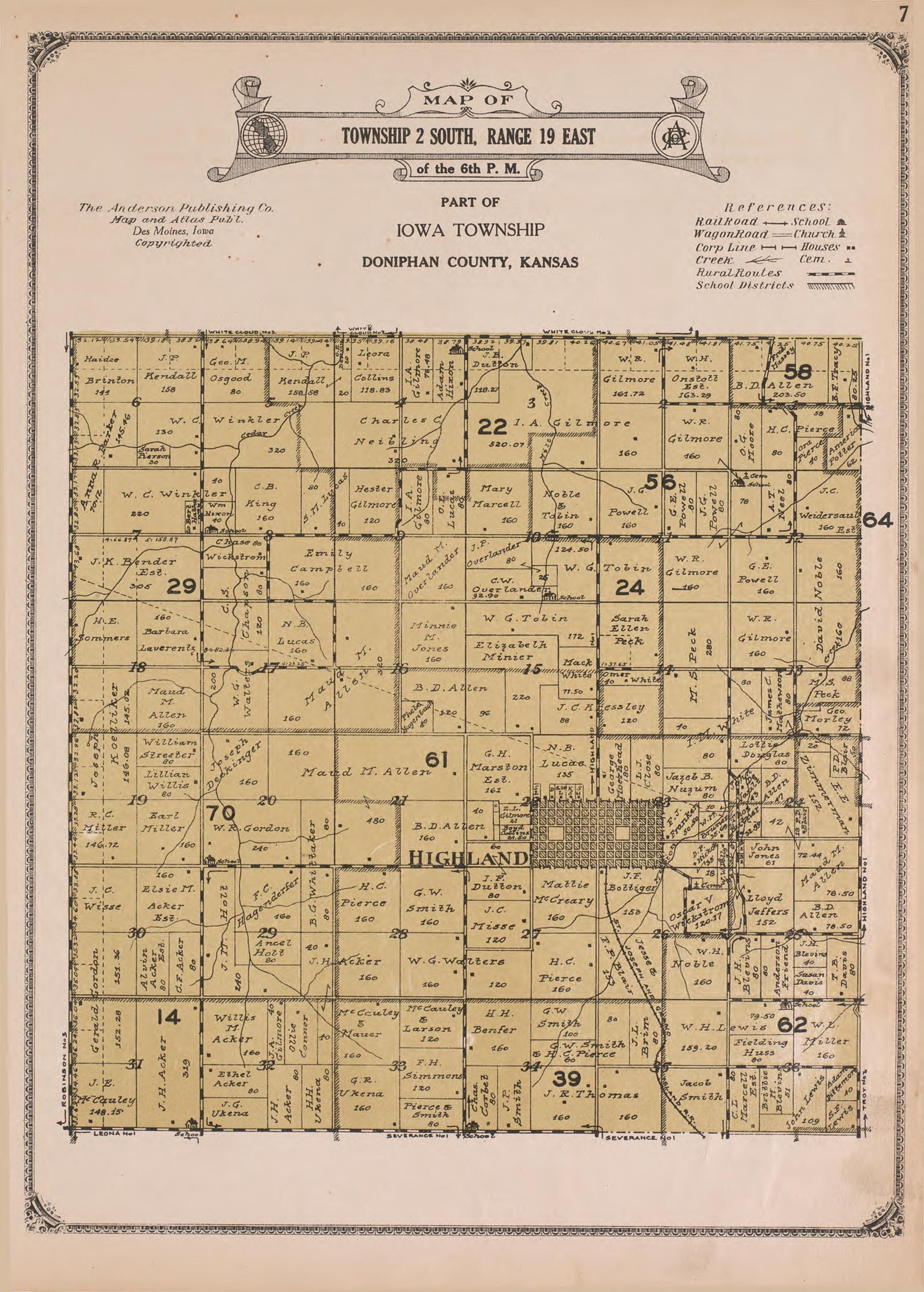 Township 2 South, Range 19 East from Atlas of Doniphan County, Kansas : Containing Maps of Townships of the County, Maps of State, United States and World : Farmers Directory, Analysis of the System of U.S. Land Surveys 1927 by Relic Map Company