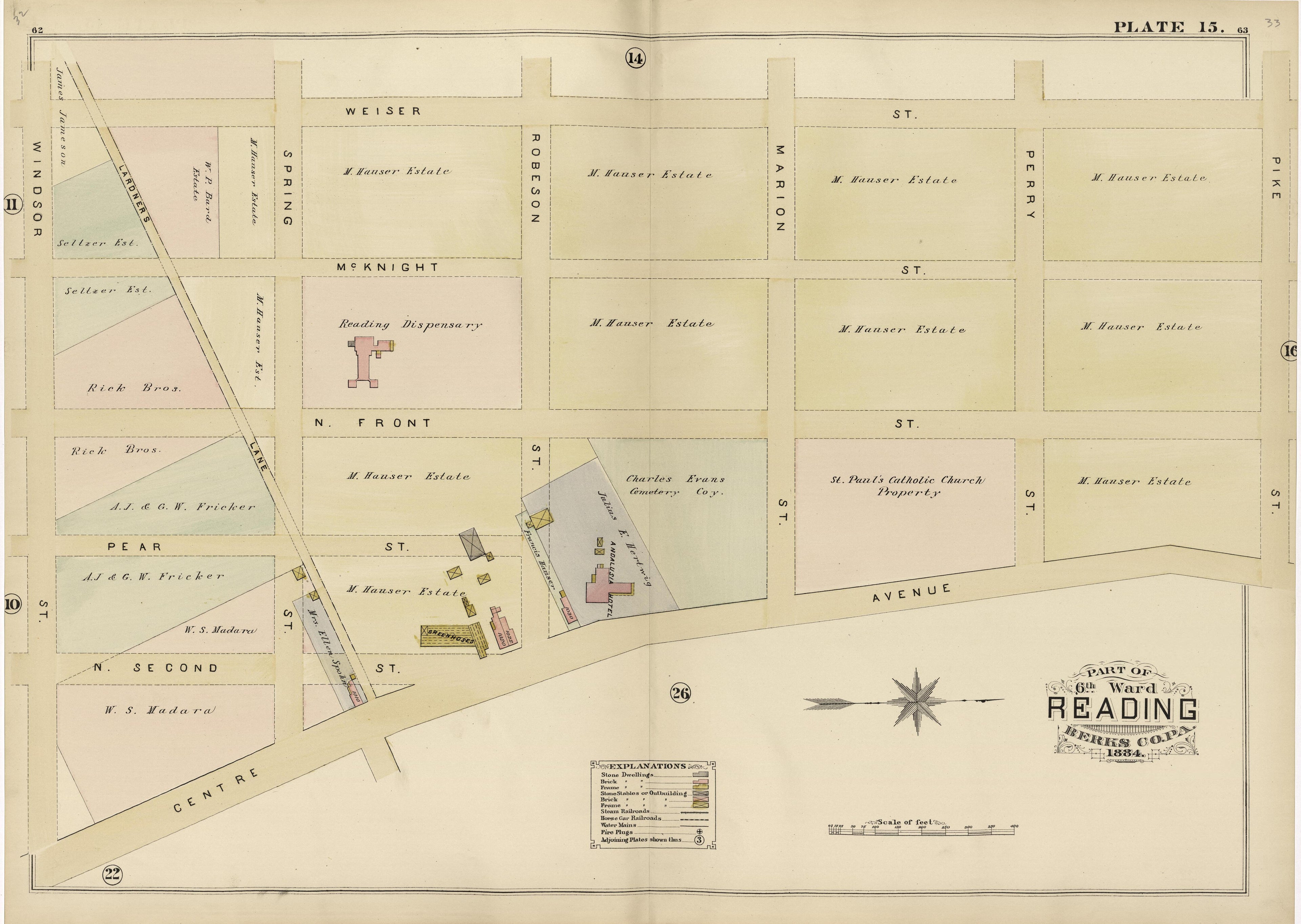 Plate 15: Part of 6th Ward Reading, Berks County, Pa., 1884 from Property and Insurance Atlas of the City of Reading, Berks County, Pennsylvania. : from Official Records and Actual Surveys by Relic Map Company