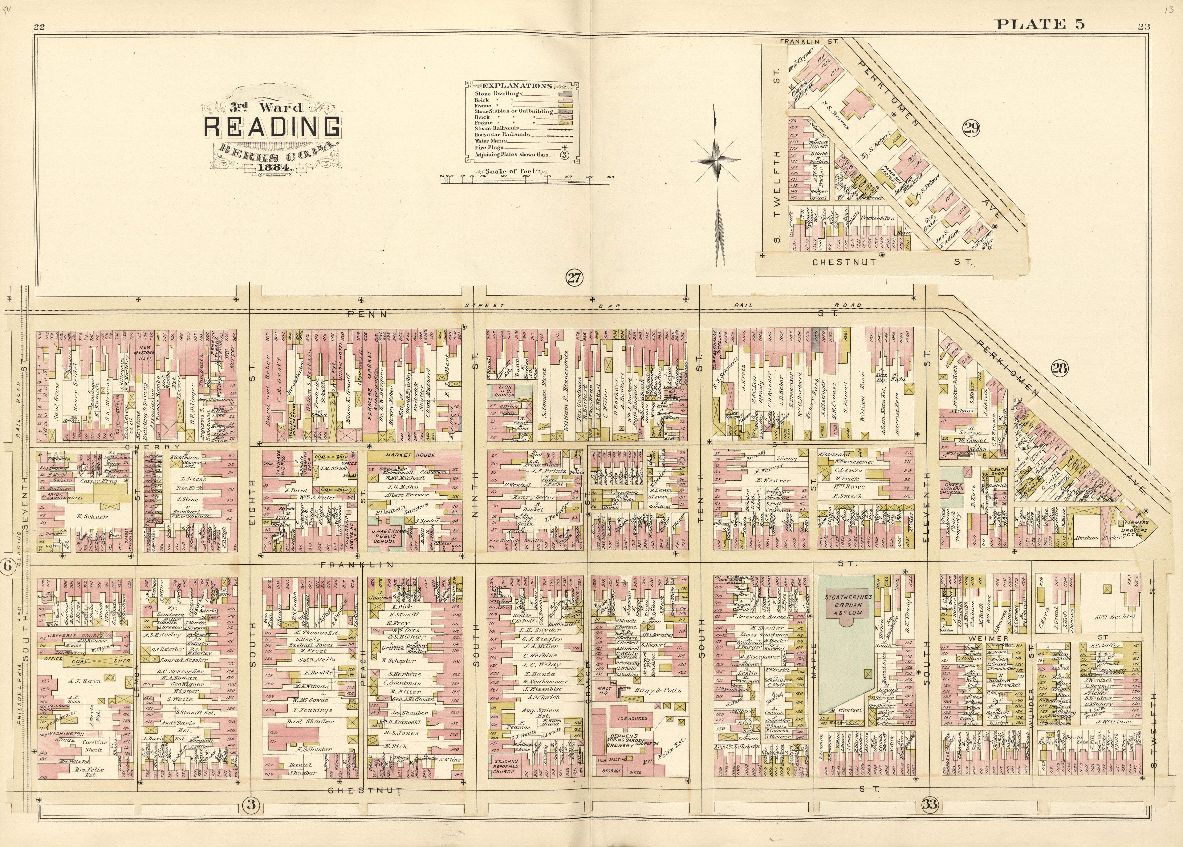 3rd Ward Reading Berks County, Pa., 1884 from Property and Insurance Atlas of the City of Reading, Berks County, Pennsylvania. : from Official Records and Actual Surveys by Relic Map Company