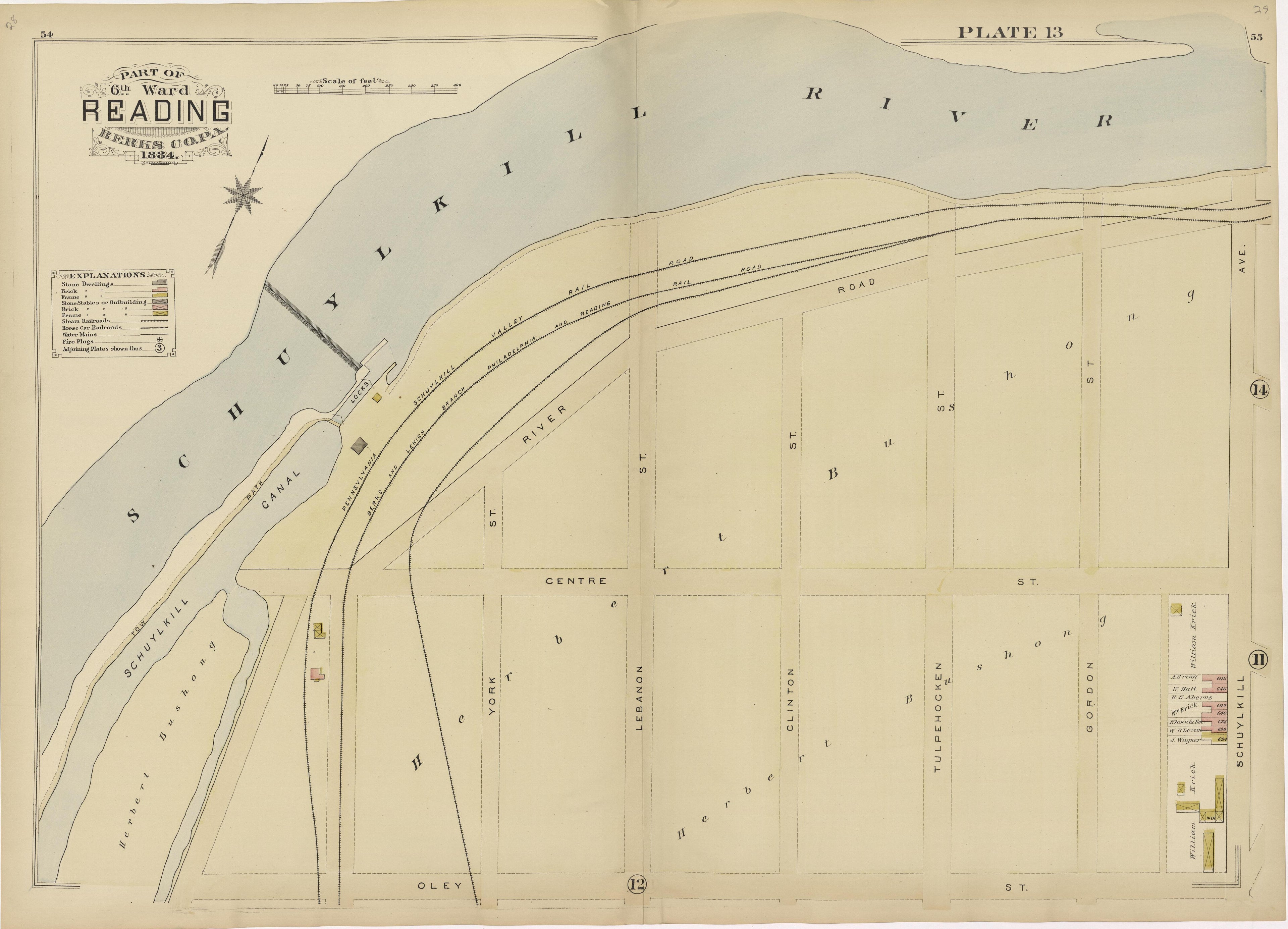 Plate 13: Part of 6th Ward Reading, Berks County, Pa., 1884 from Property and Insurance Atlas of the City of Reading, Berks County, Pennsylvania. : from Official Records and Actual Surveys by Relic Map Company