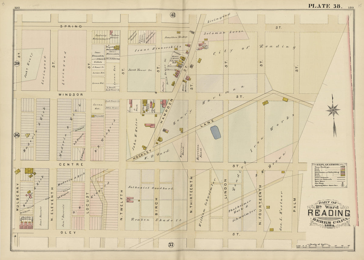 Plate 38: Part of 11th Ward Reading, Berks County, Pa., 1884 from Property and Insurance Atlas of the City of Reading, Berks County, Pennsylvania. : from Official Records and Actual Surveys by Relic Map Company