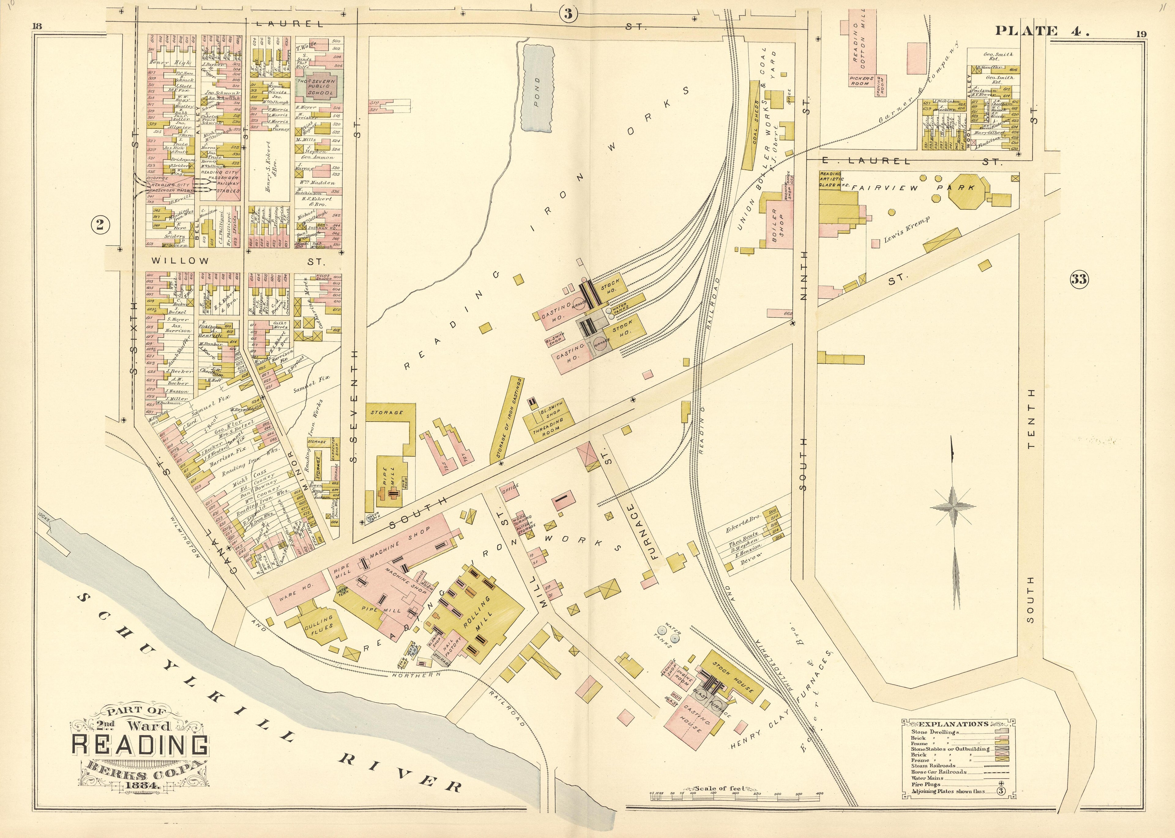 Plate 4: Part of 2nd Ward Reading, Berks County, Pa., 1884 from Property and Insurance Atlas of the City of Reading, Berks County, Pennsylvania. : from Official Records and Actual Surveys by Relic Map Company