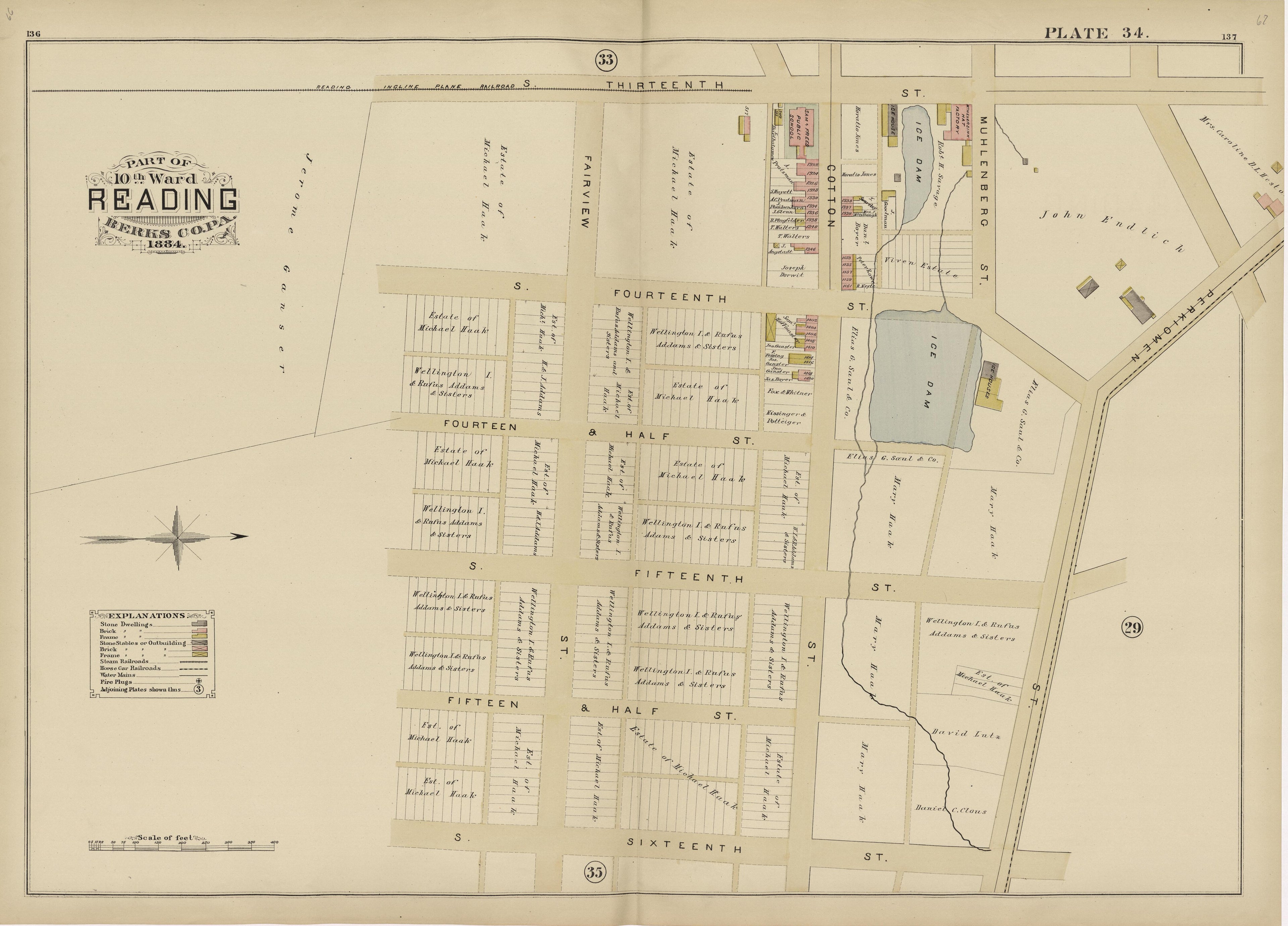 Plate 34: Part of 10th Ward Reading, Berks County, Pa., 1884 from Property and Insurance Atlas of the City of Reading, Berks County, Pennsylvania. : from Official Records and Actual Surveys by Relic Map Company