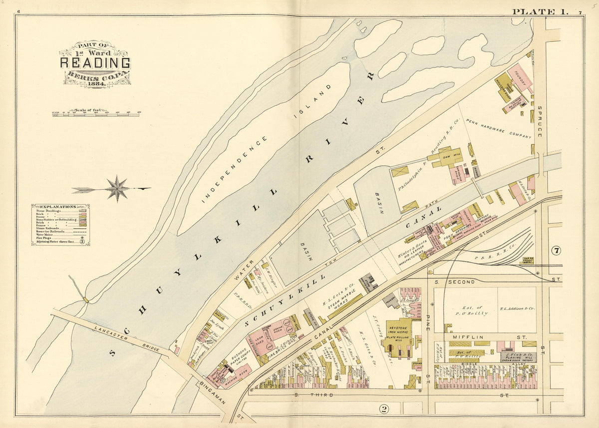Plate 1: Part of 1st Ward Reading, Berks County, Pa., 1884 from Property and Insurance Atlas of the City of Reading, Berks County, Pennsylvania. : from Official Records and Actual Surveys by Relic Map Company