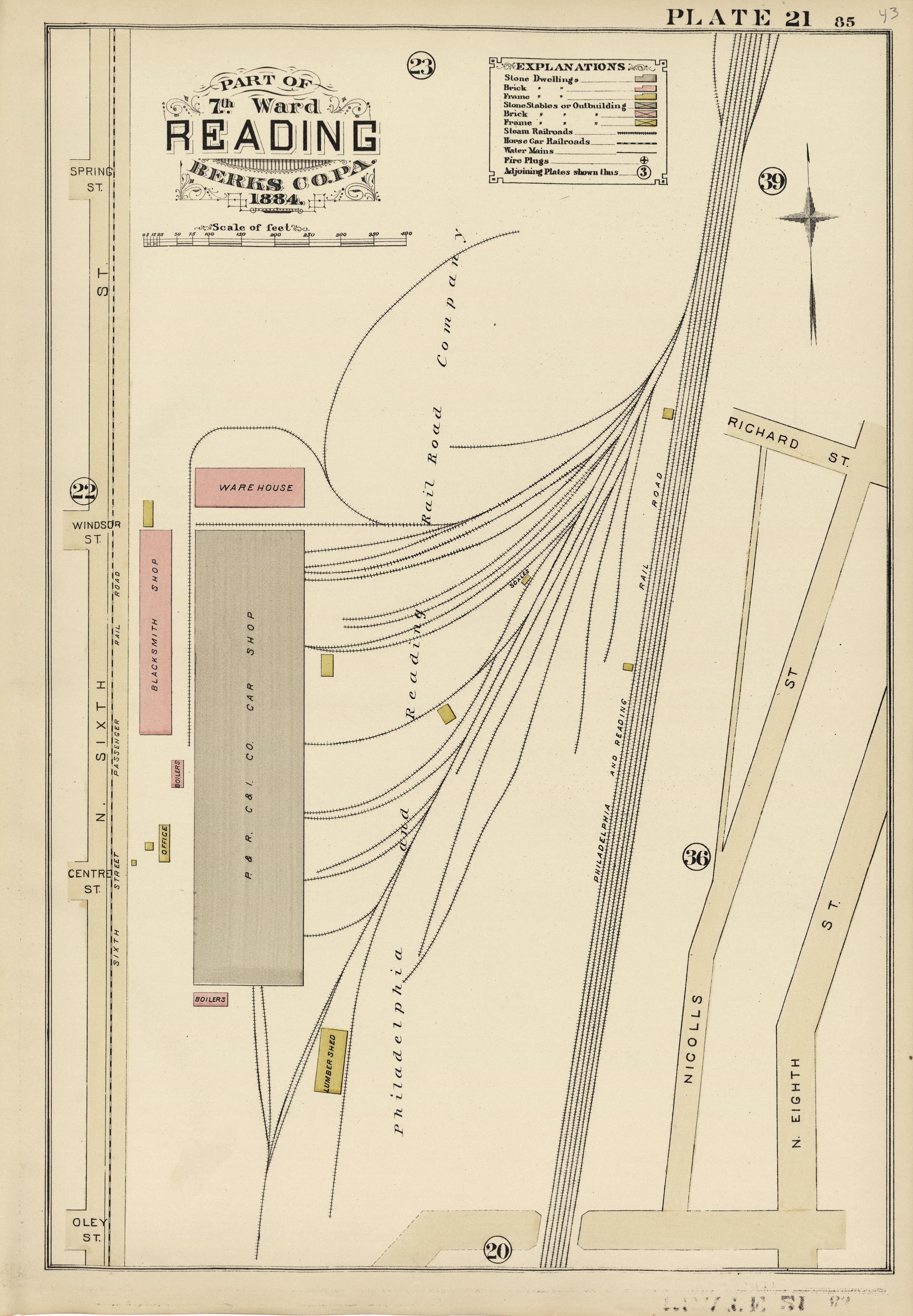 Plate 21: Part of 7th Ward Reading, Berks County, Pa., 1884 from Property and Insurance Atlas of the City of Reading, Berks County, Pennsylvania. : from Official Records and Actual Surveys by Relic Map Company