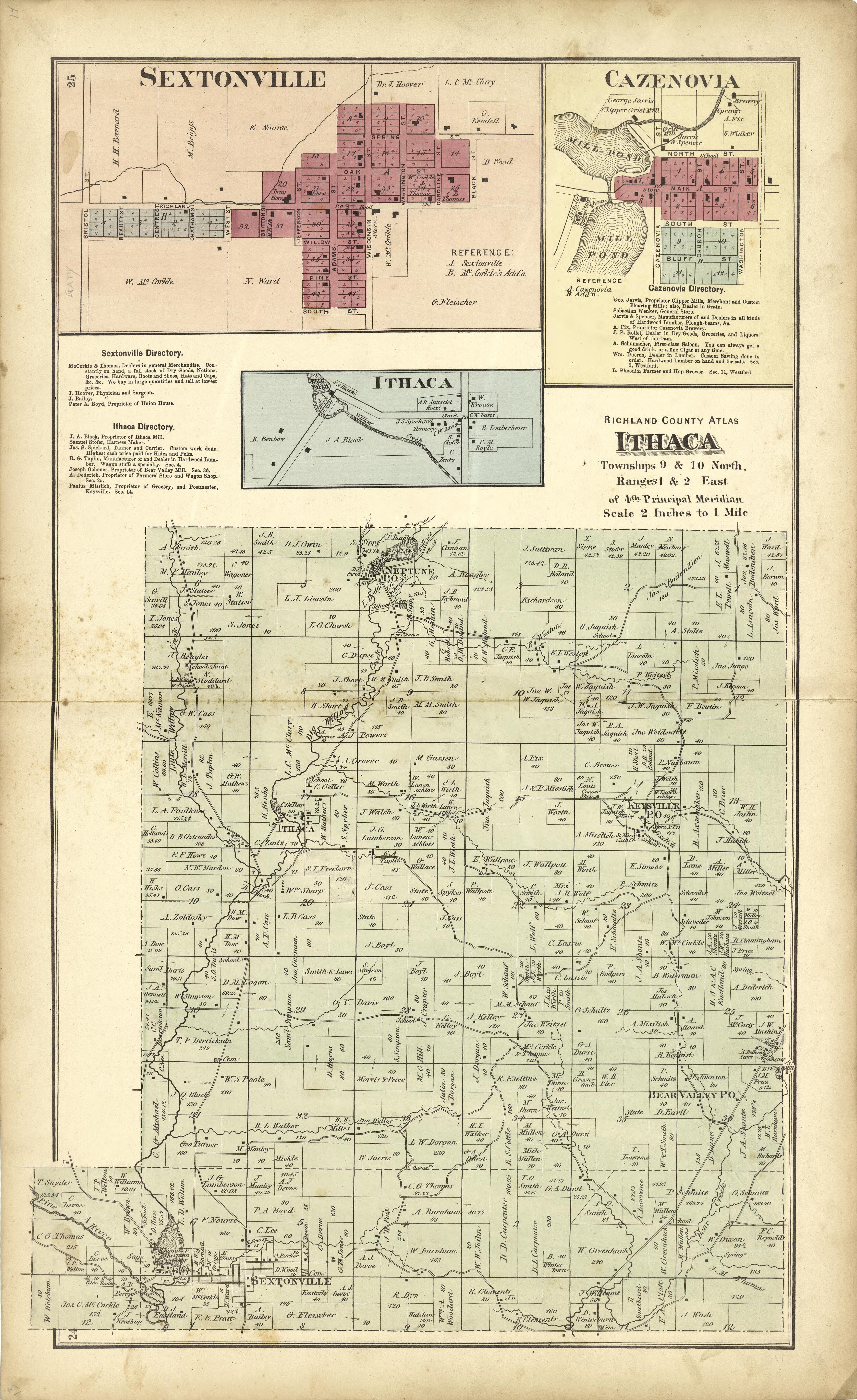 Maps Of: Sextonville, Cazenovia and Ithaca from Atlas of Richland County, Wisconsin : Drawn from Actual Surveys and the County Records to Which Is Added a Rail Road & Sectional Map of the State of Wisconsin 1874 by Relic Map Company