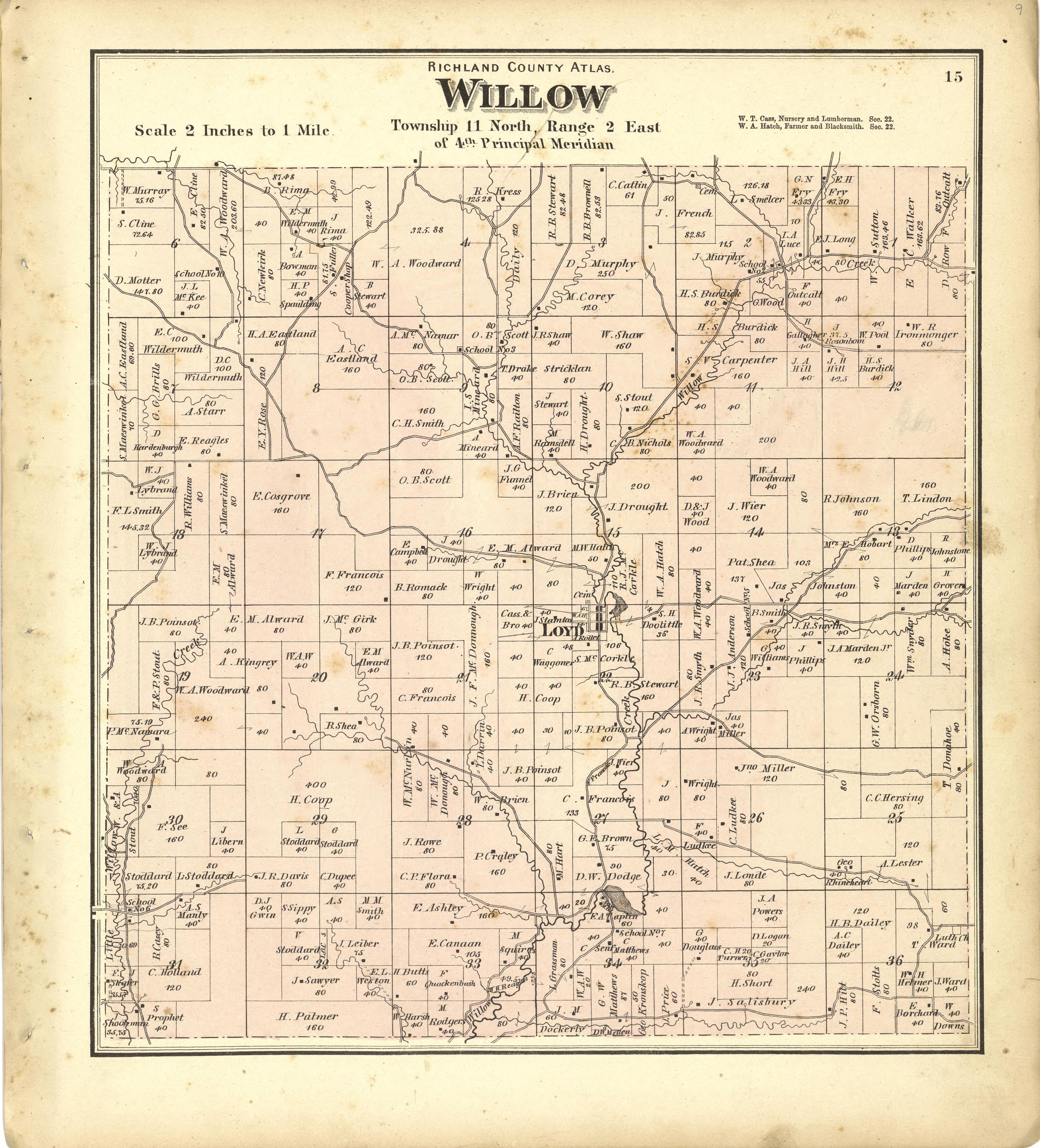 Map of Willow from Atlas of Richland County, Wisconsin : Drawn from Actual Surveys and the County Records to Which Is Added a Rail Road & Sectional Map of the State of Wisconsin 1874 by Relic Map Company