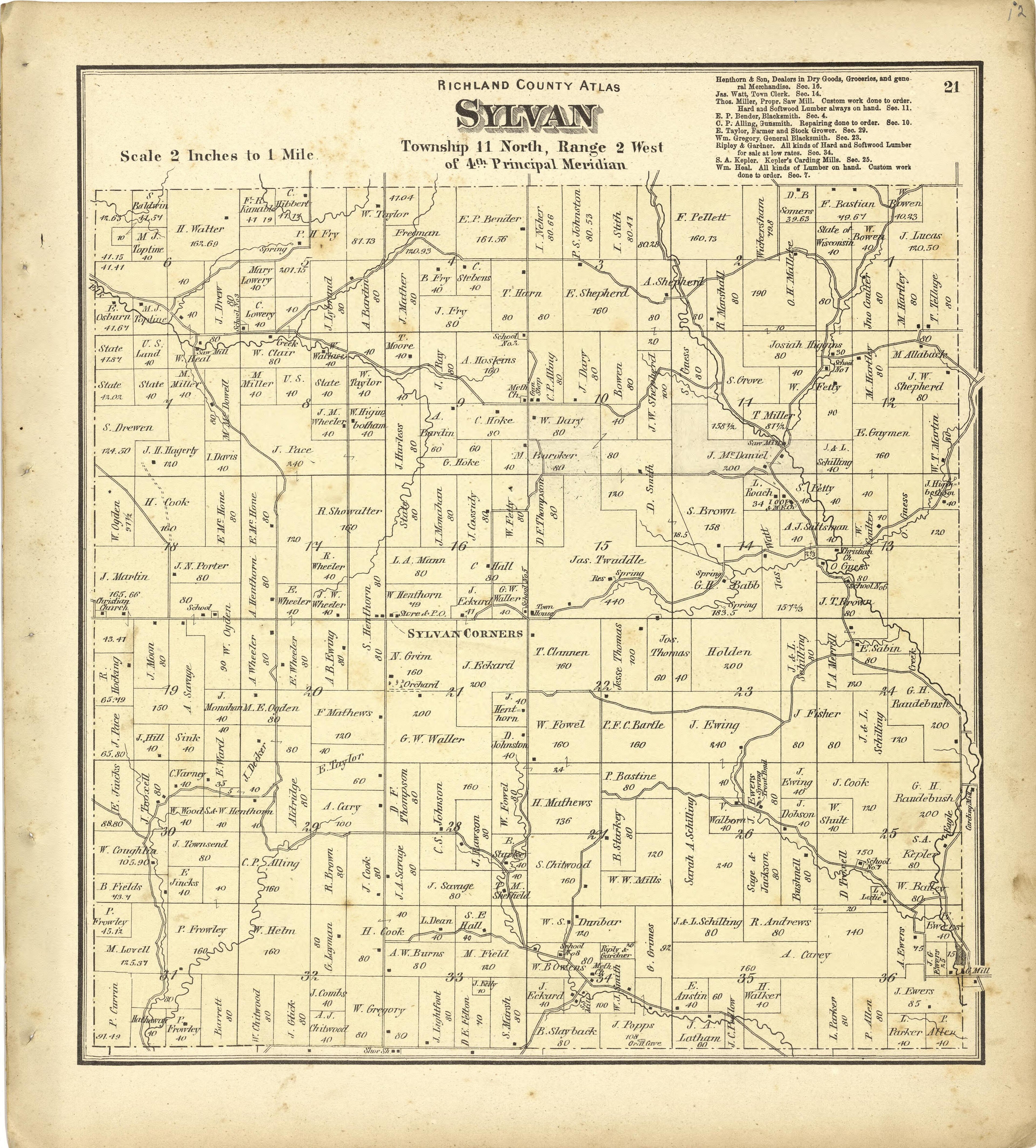Map of Sylvan from Atlas of Richland County, Wisconsin : Drawn from Actual Surveys and the County Records to Which Is Added a Rail Road & Sectional Map of the State of Wisconsin 1874 by Relic Map Company