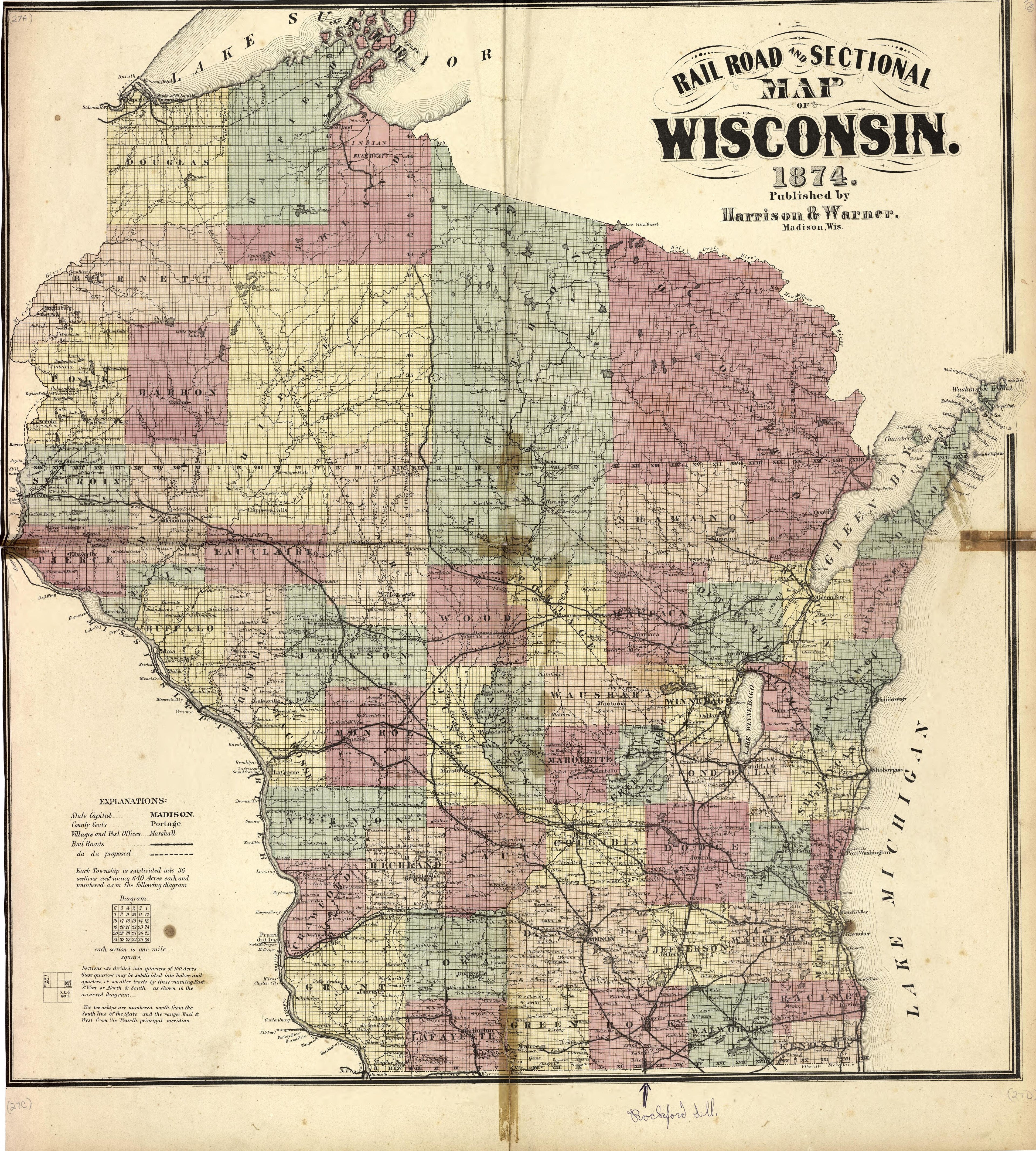 Rail Road and Sectional Map of Wisconsin, 1874 from Atlas of Richland County, Wisconsin : Drawn from Actual Surveys and the County Records to Which Is Added a Rail Road & Sectional Map of the State of Wisconsin by Relic Map Company