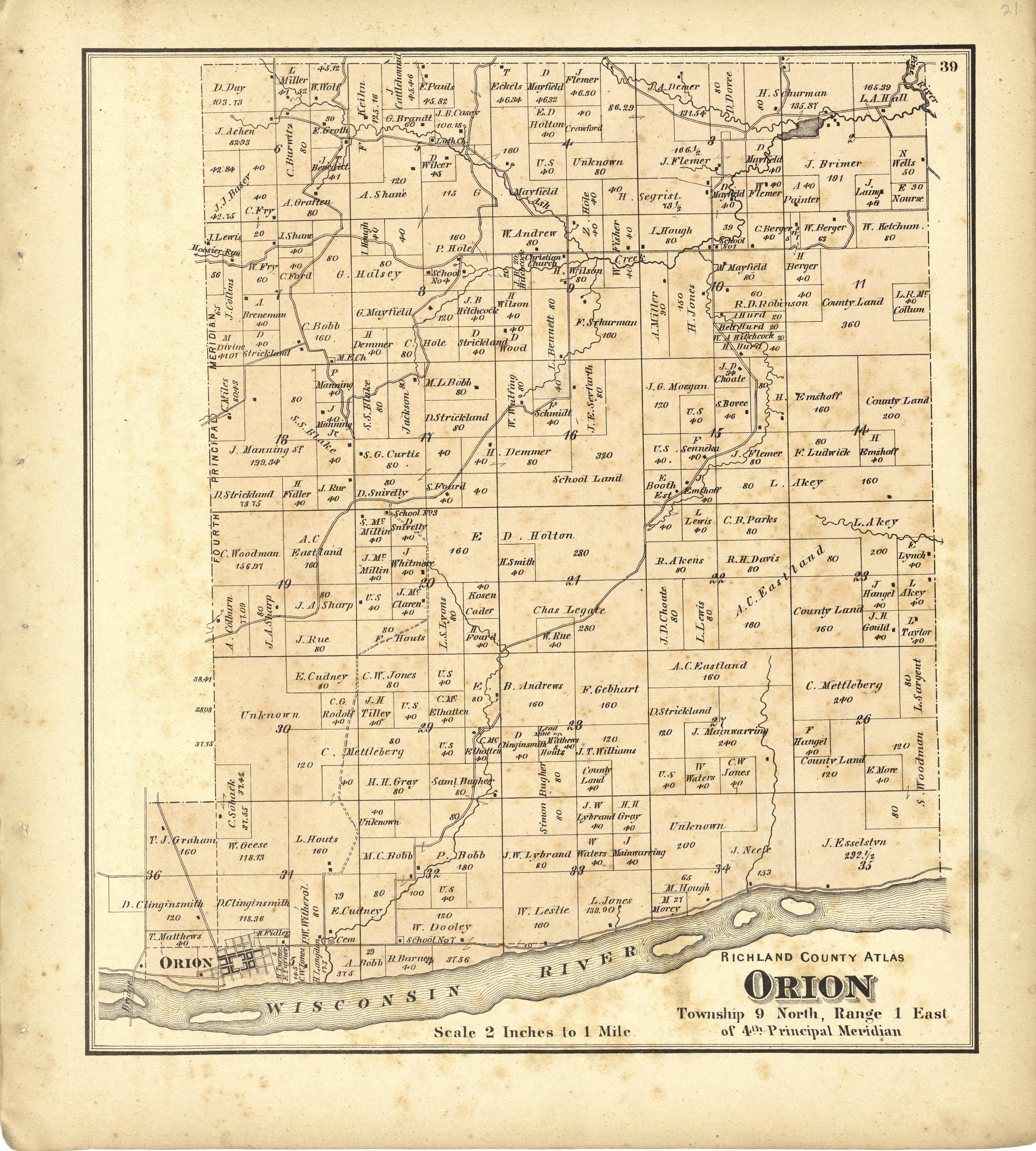 Map of Orion from Atlas of Richland County, Wisconsin : Drawn from Actual Surveys and the County Records to Which Is Added a Rail Road & Sectional Map of the State of Wisconsin 1874 by Relic Map Company