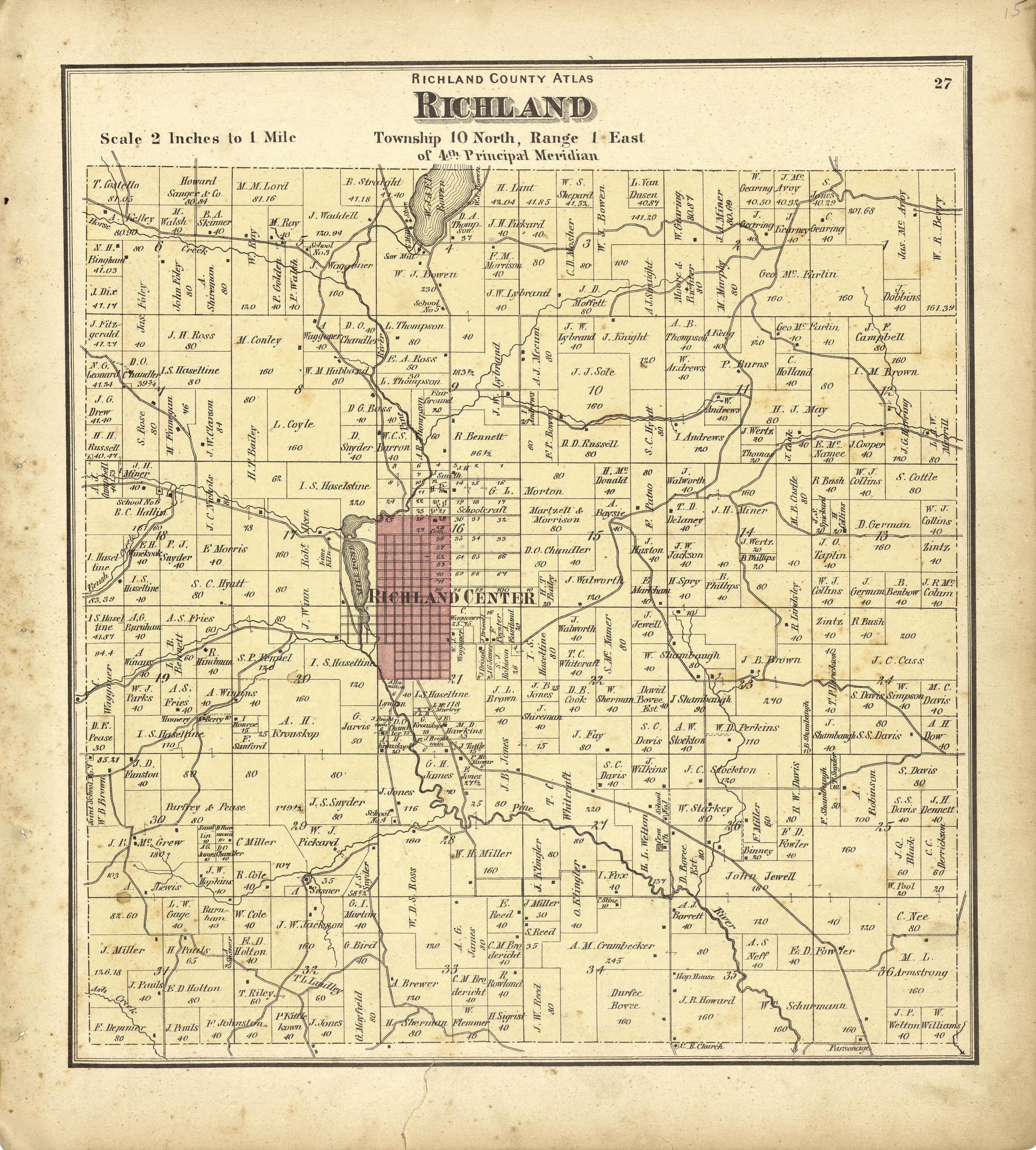 Map of Richland from Atlas of Richland County, Wisconsin : Drawn from Actual Surveys and the County Records to Which Is Added a Rail Road & Sectional Map of the State of Wisconsin 1874 by Relic Map Company